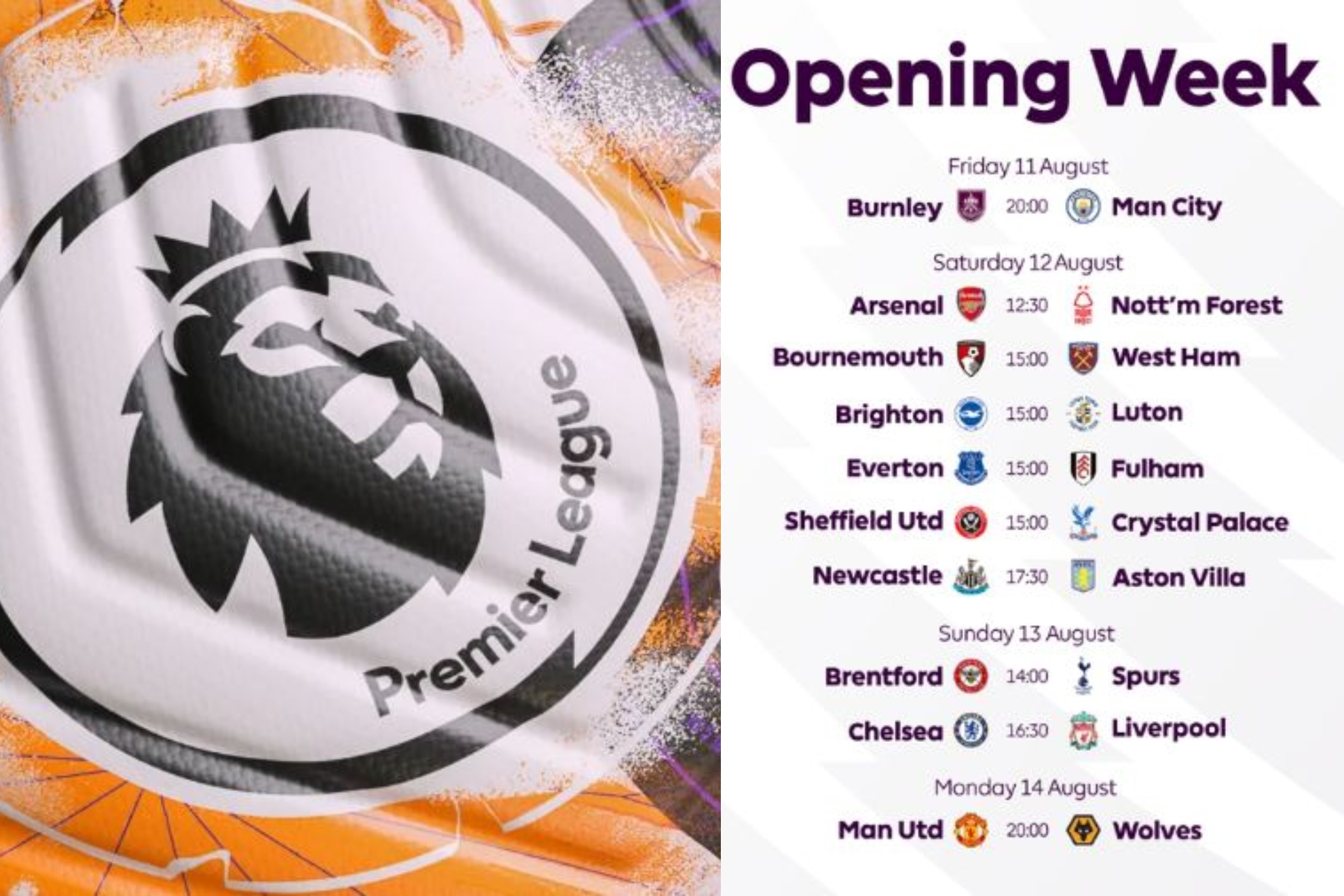 Un montaje con el logotipo de la Premier League y los horarios de la primera jornada de la temporada 23-24.