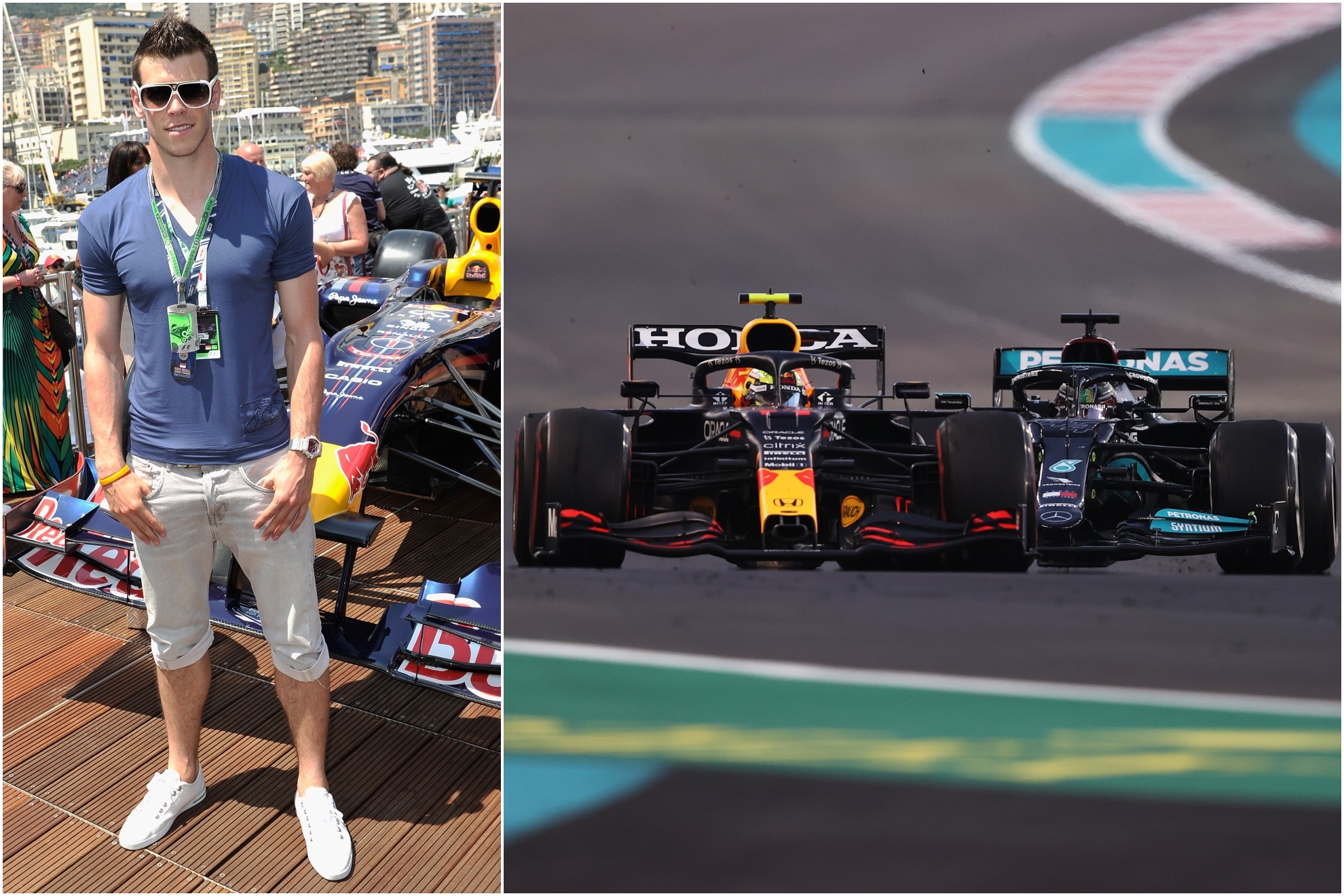 Bale, delante de un Red Bull; al lado el duelo Verstappen-Hamilton en Abu Dhabi 2021.