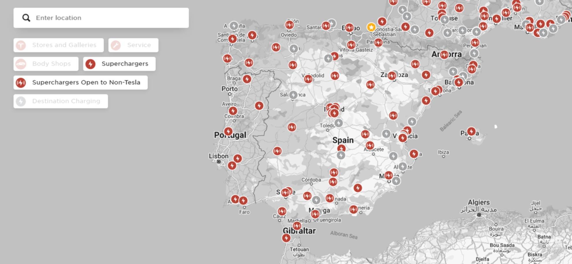 Mapa con la red de supercargadores de Tesla en Espaa.