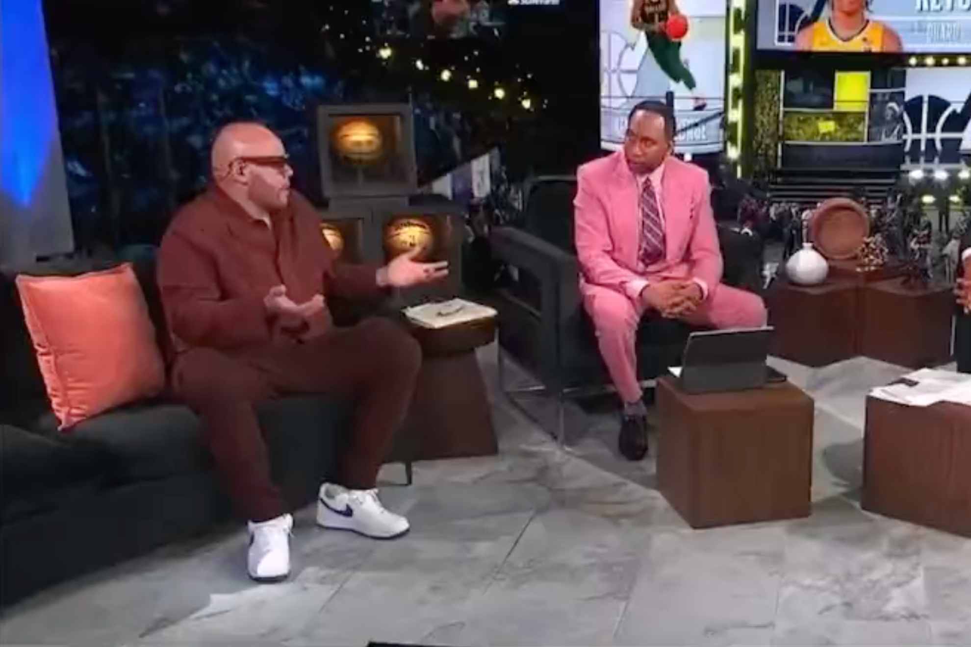 Fat Joe (left) speaks with Stephen A. Smith during ESPNs 2023 NBA Draft broadcast.
