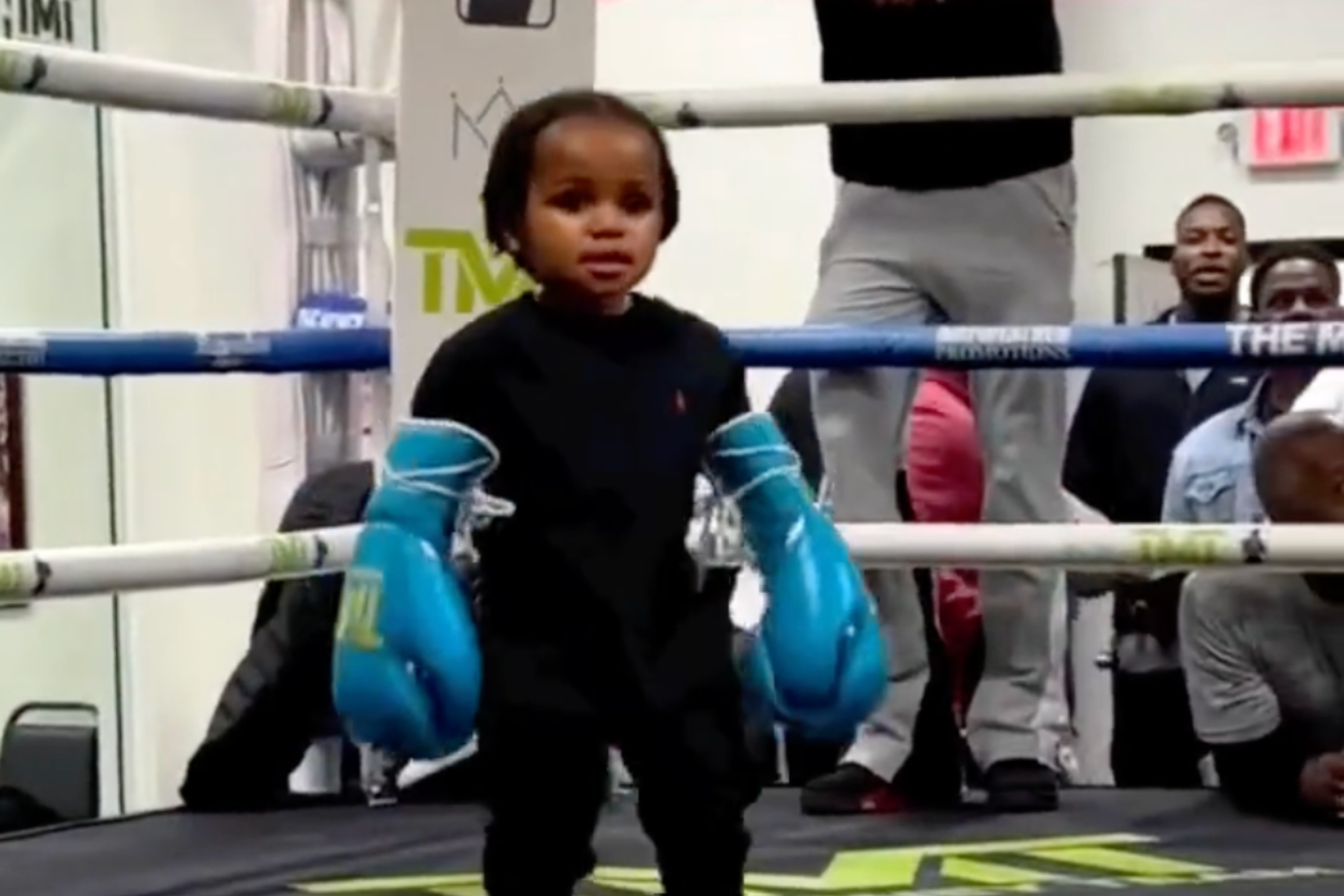 Image of Floyd Mayweather's grandson wearing boxing gloves