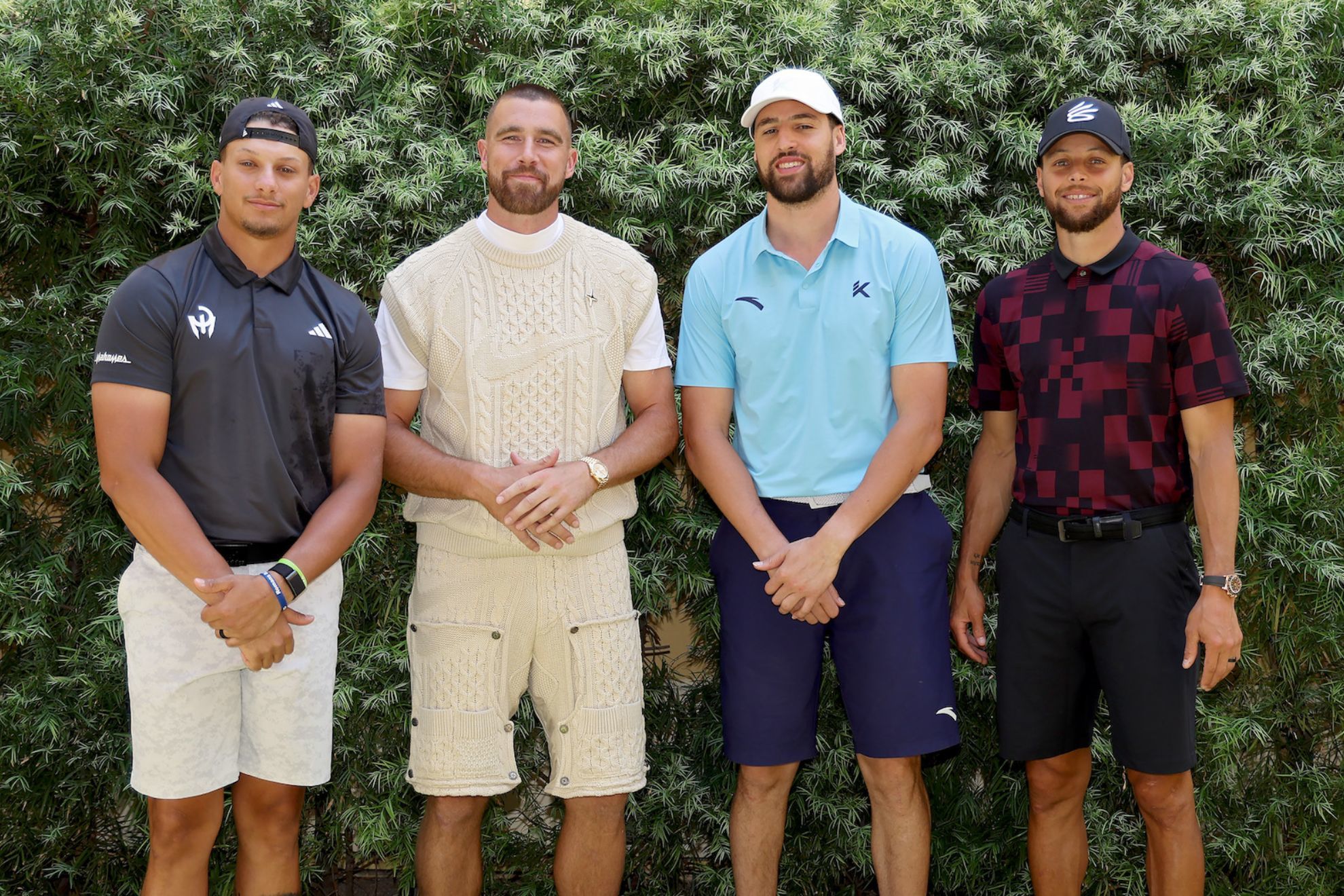 Patrick Mahomes, Travis Kelce, Klay Thompson and Stephen Curry (left to right)