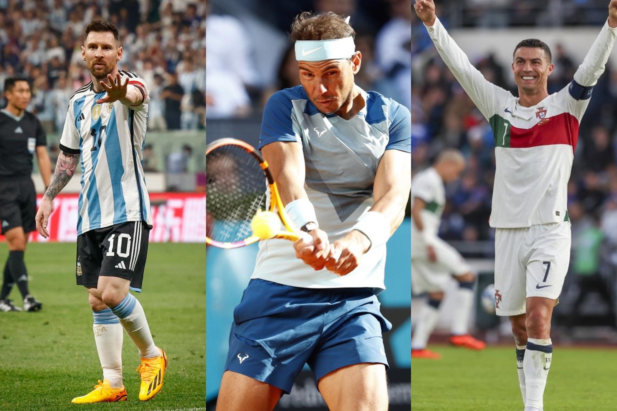 Un montaje con imágenes de Messi, Rafa Nadal y Cristiano Ronaldo.