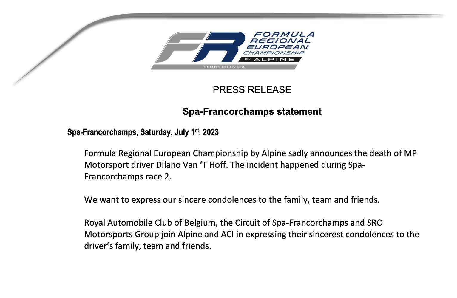 Dilano Van't Hoff, piloto holandés de 18 años fallece tras un terrible accidente en Spa Francorchamps