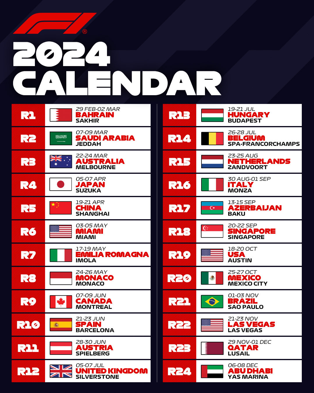 2024 F1 season calendar: races, circuits, countries and three Grand Prix  events on Saturday | Marca