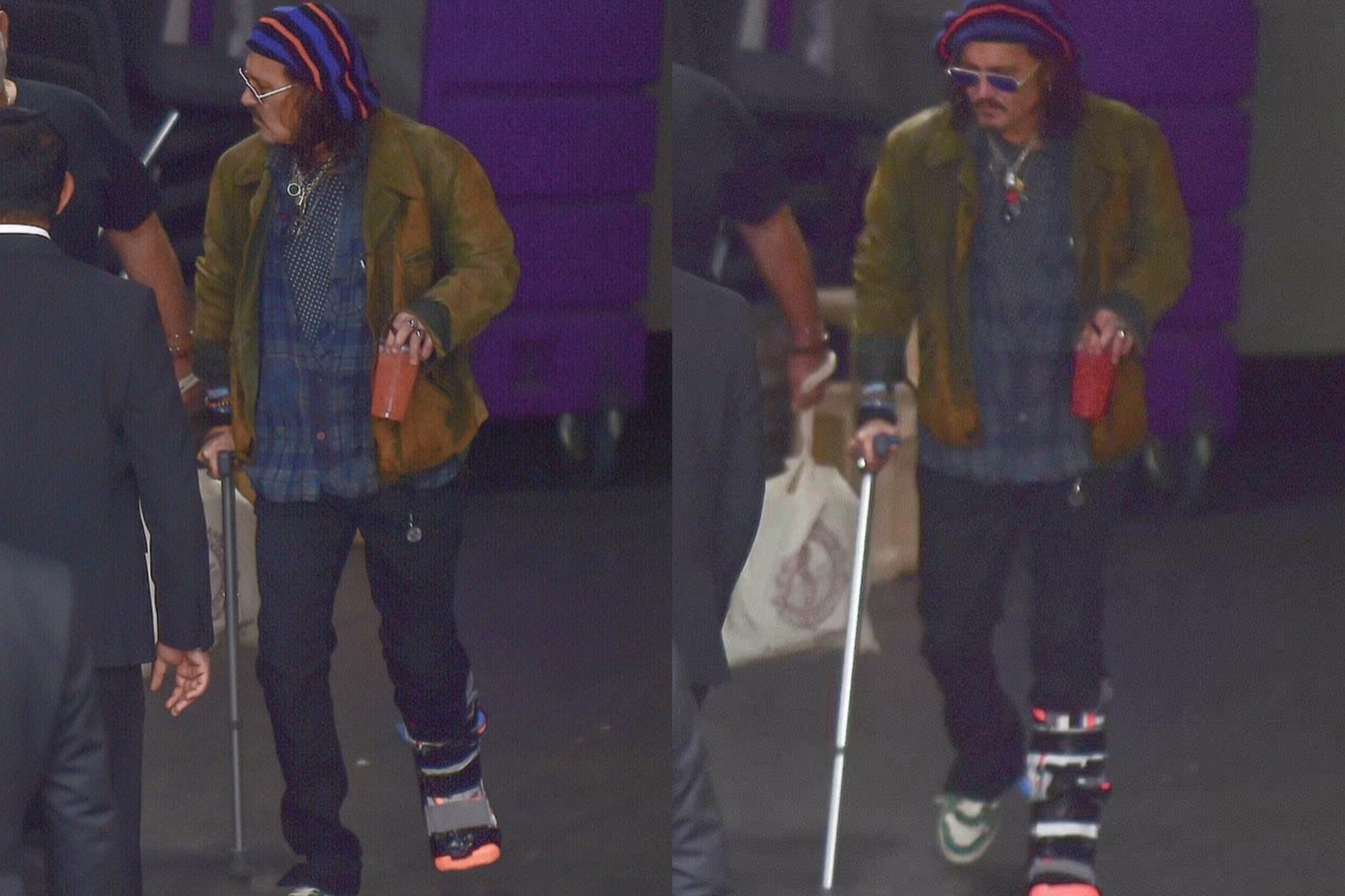 Johnny Depp wearing a medical boot