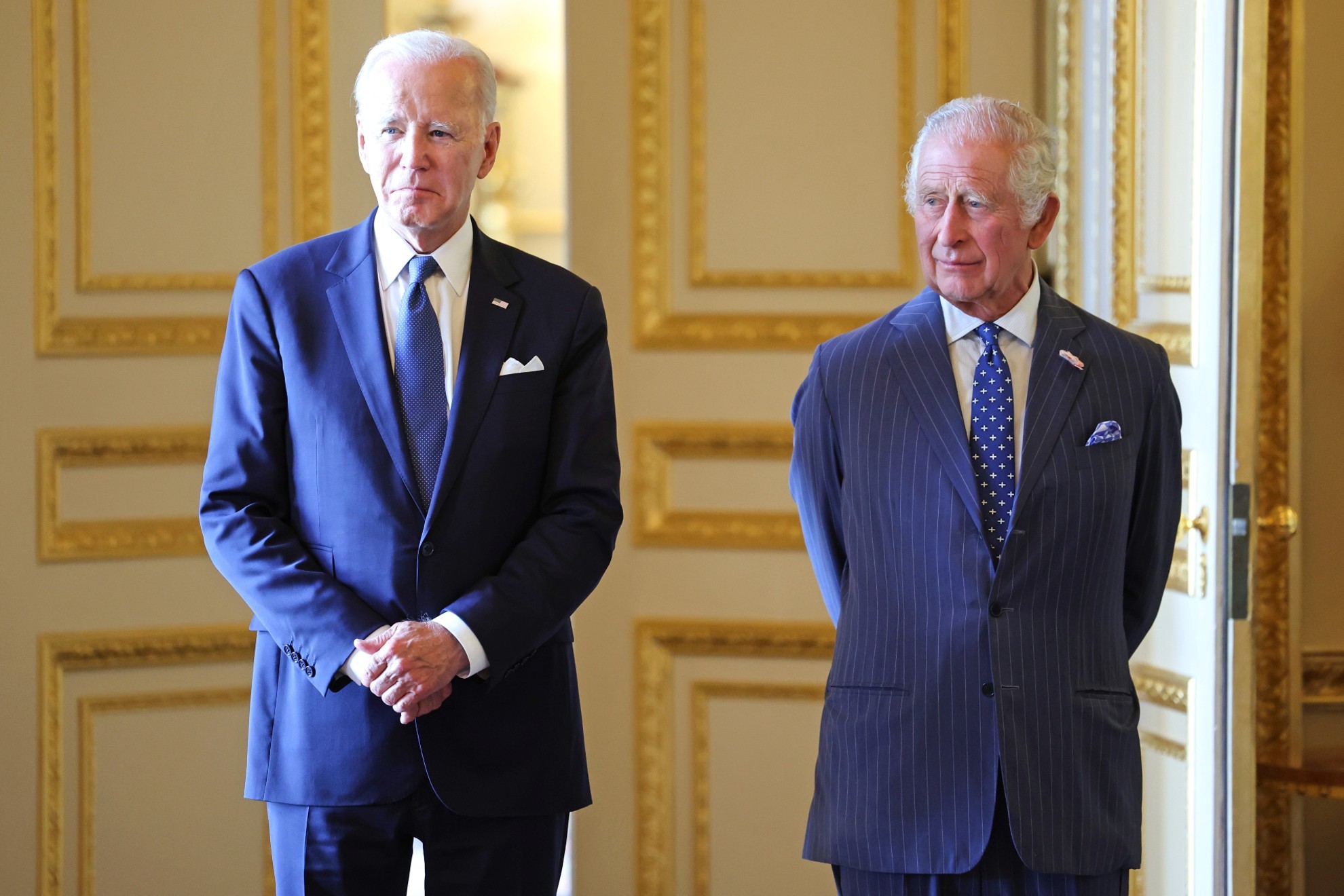 U.S. President Joe Biden, left, and Britain's King Charles III meet inside Windsor Castle.