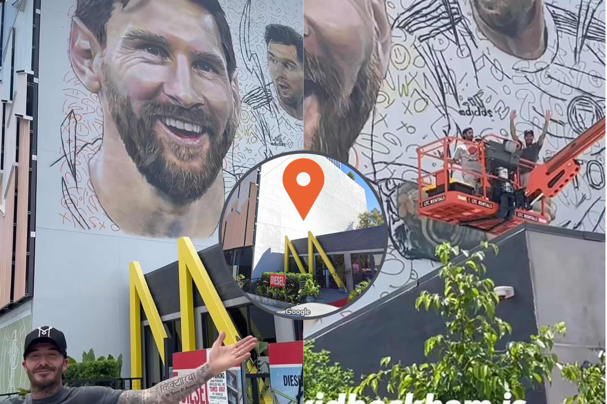 David Beckham proudly poses in front of his Messi art mural. Here's how to find it in Miami.