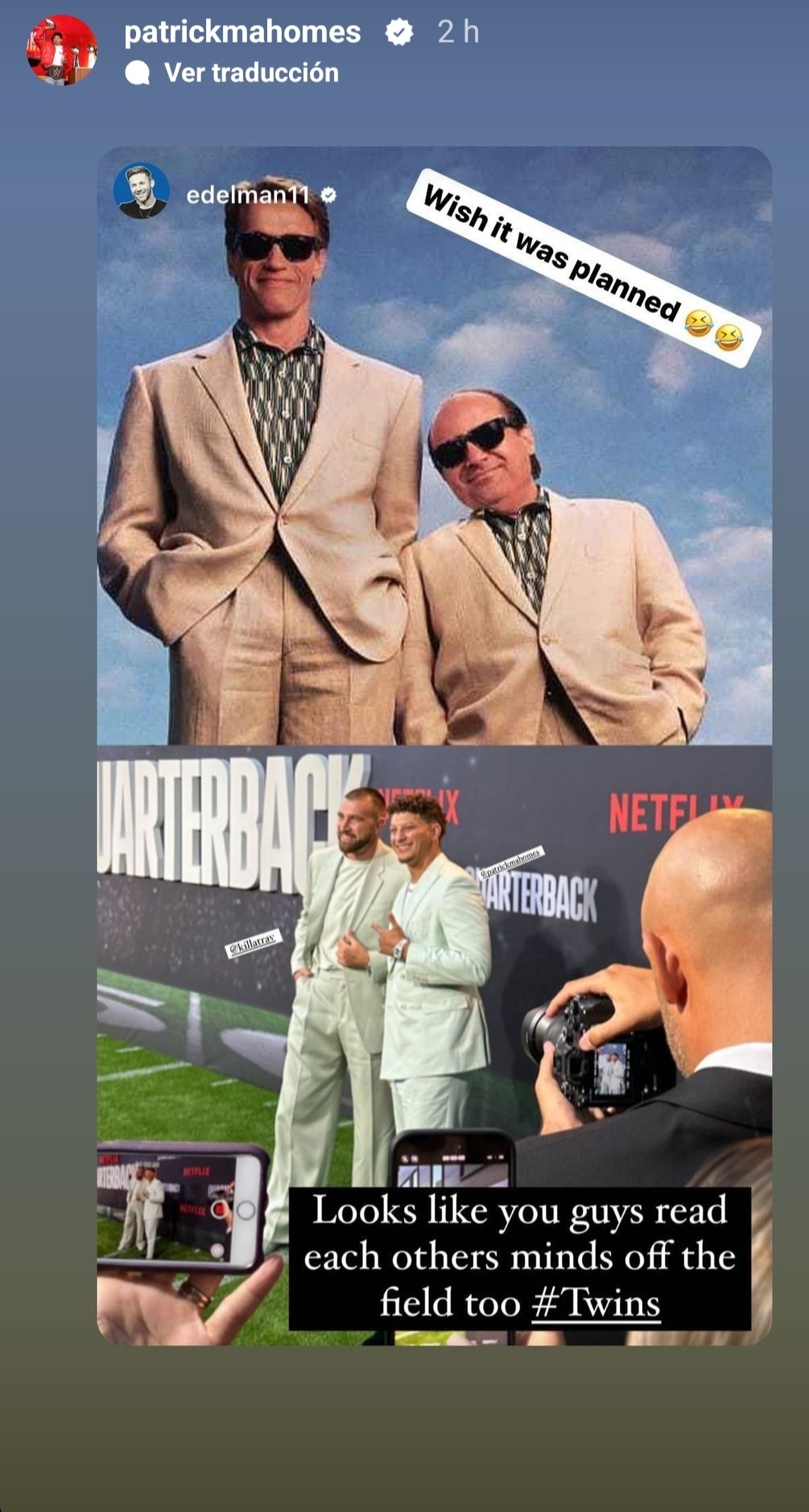 Patrick Mahomes y Travis Kelce brillan en el estreno de Quarterback y Edelman los compara con Schwarzenegger y DeVito