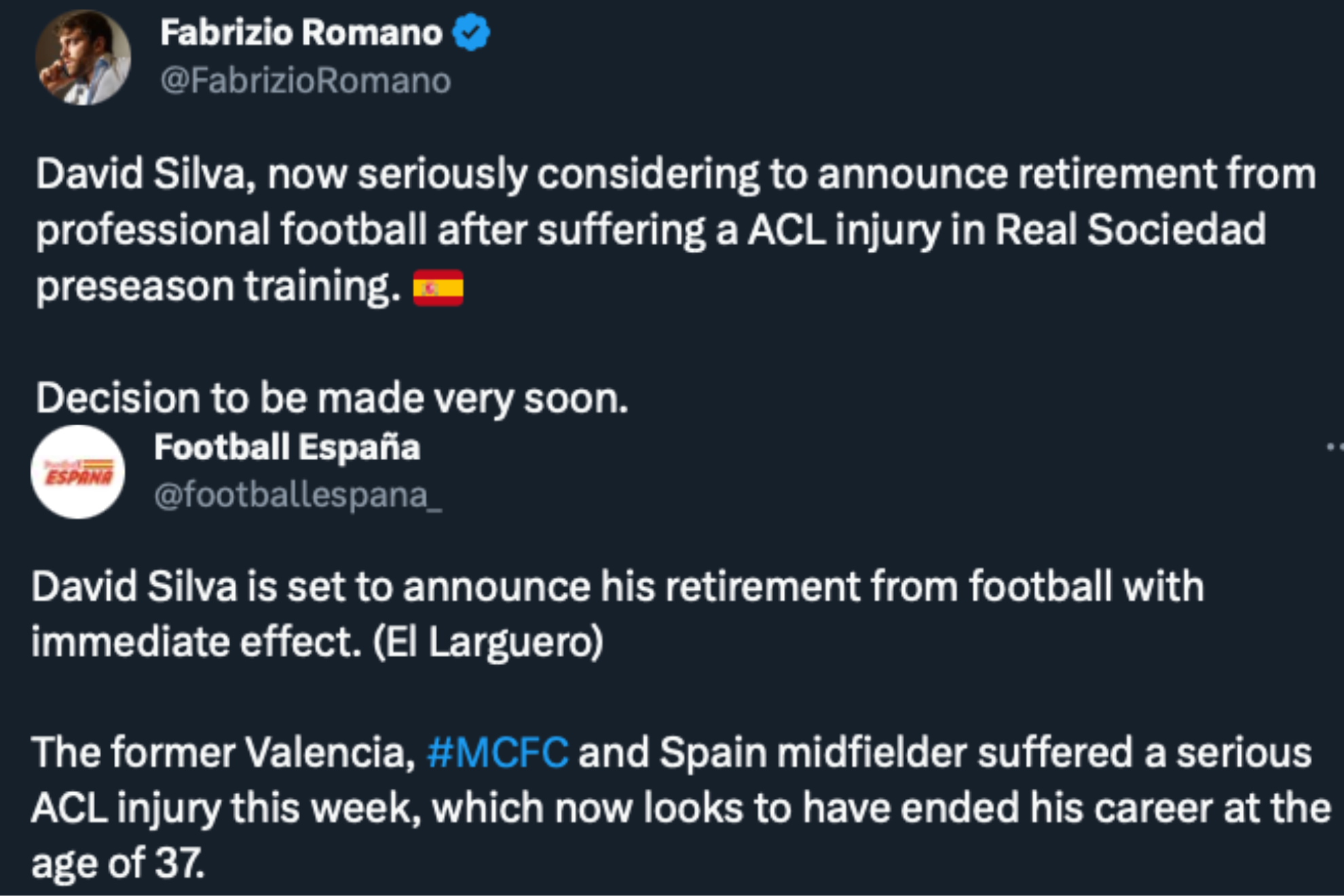 Reports quickly surfaced of David Silva's possible retirement.