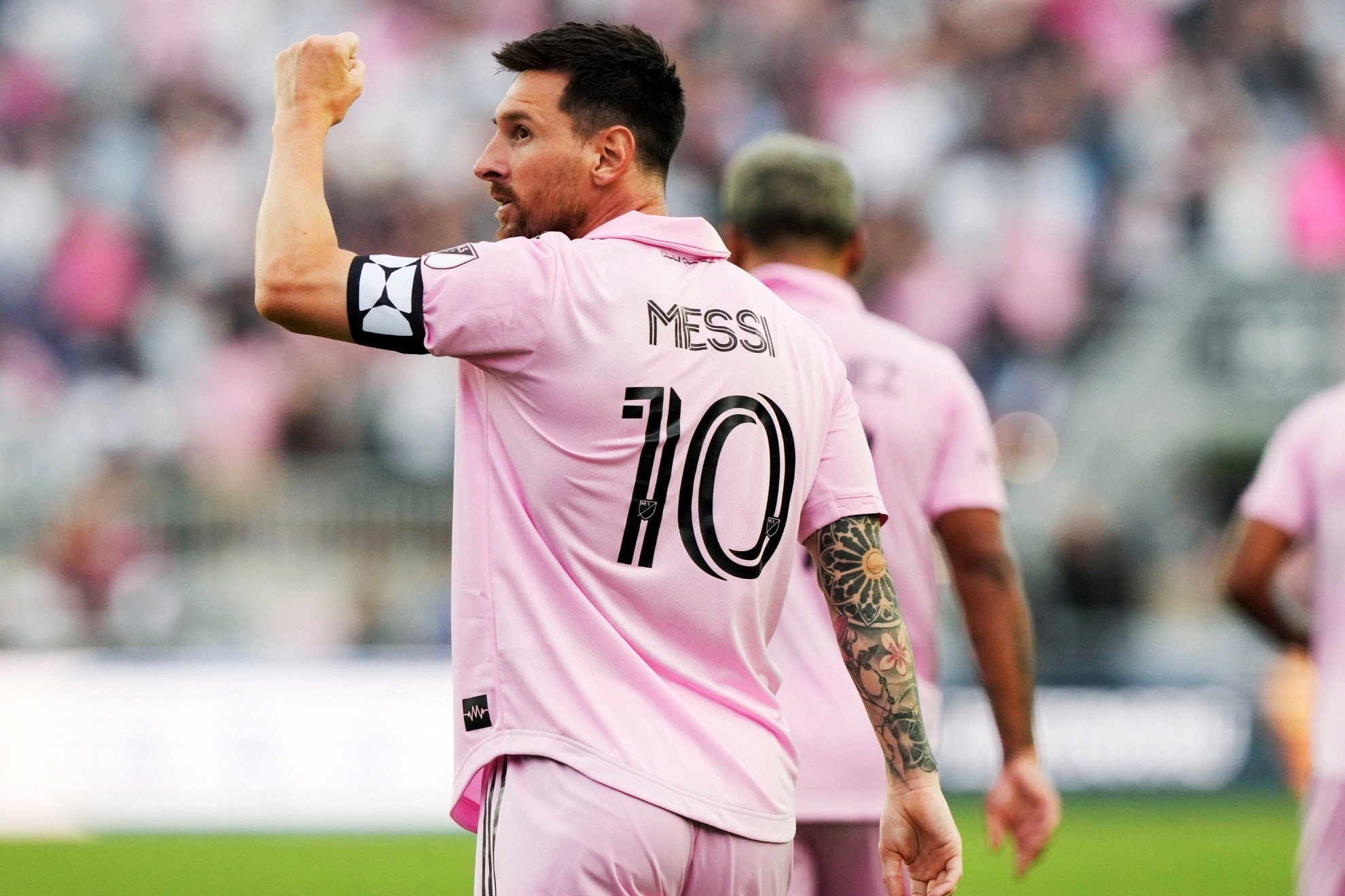 Lionel Messi celebrates scoring a goal vs. Atlanta United in the Leagues Cup.