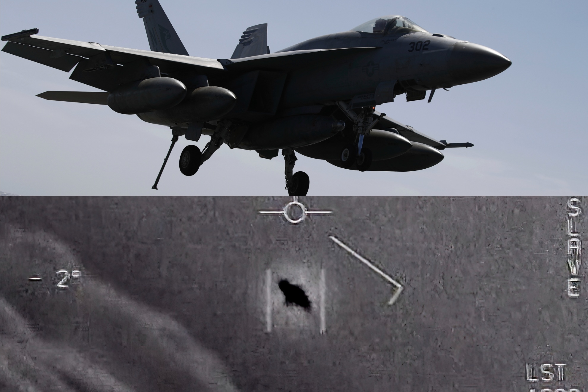An F-18 fighter and a UAP image by the Pentagon.