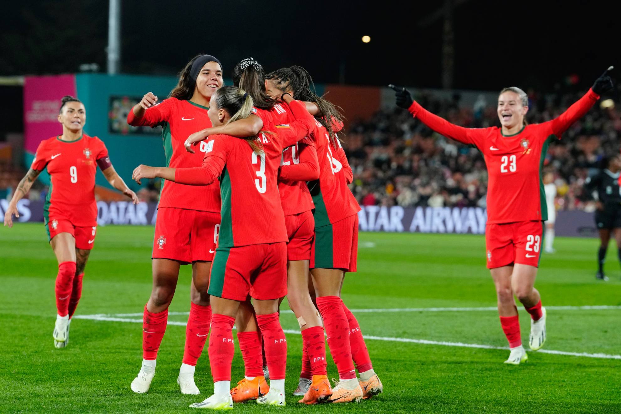 Portugal's Kika Nazareth celebrates with teammates after scoring