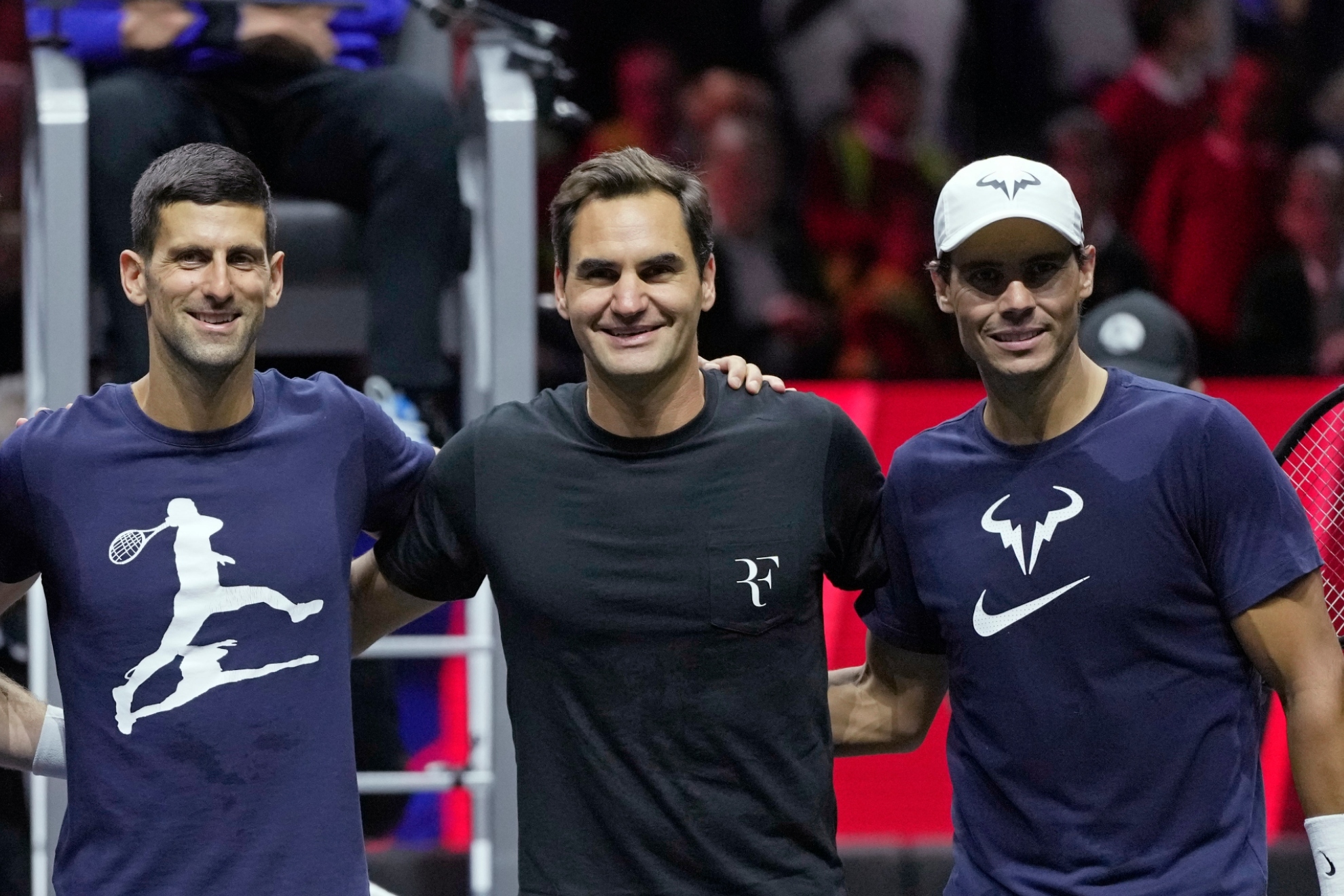 Novak Djokovic, Roger Federer y Rafa Nadal posan durante la Laver Cup en 2022