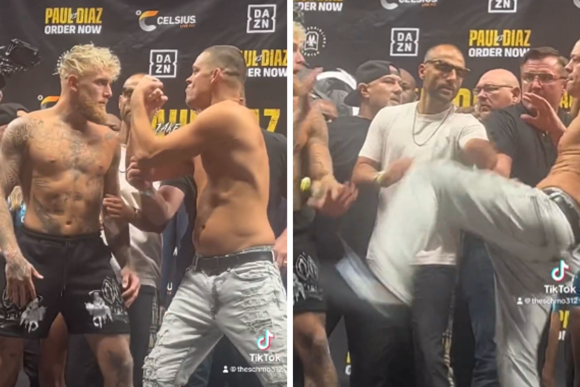 Nate Diaz attempts to kick Jake Paul as they goad each other in final faceoff