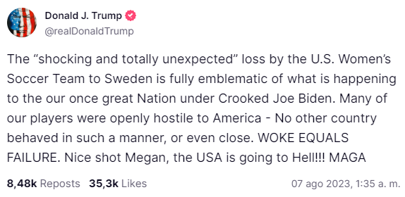 Donald Trump se burla de Rapinoe por fallar penalti ante Suecia: "Buen tiro Megan, EE.UU. se va al infierno!!!"