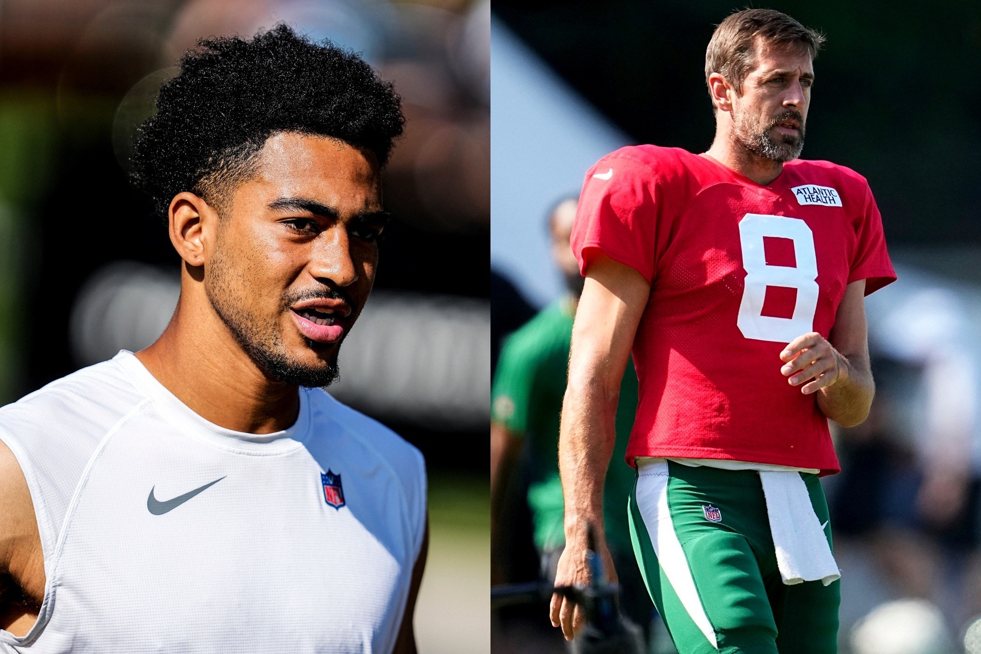 Bryce Young and Aaron Rodgers at the Panthers-Jets joint practice.