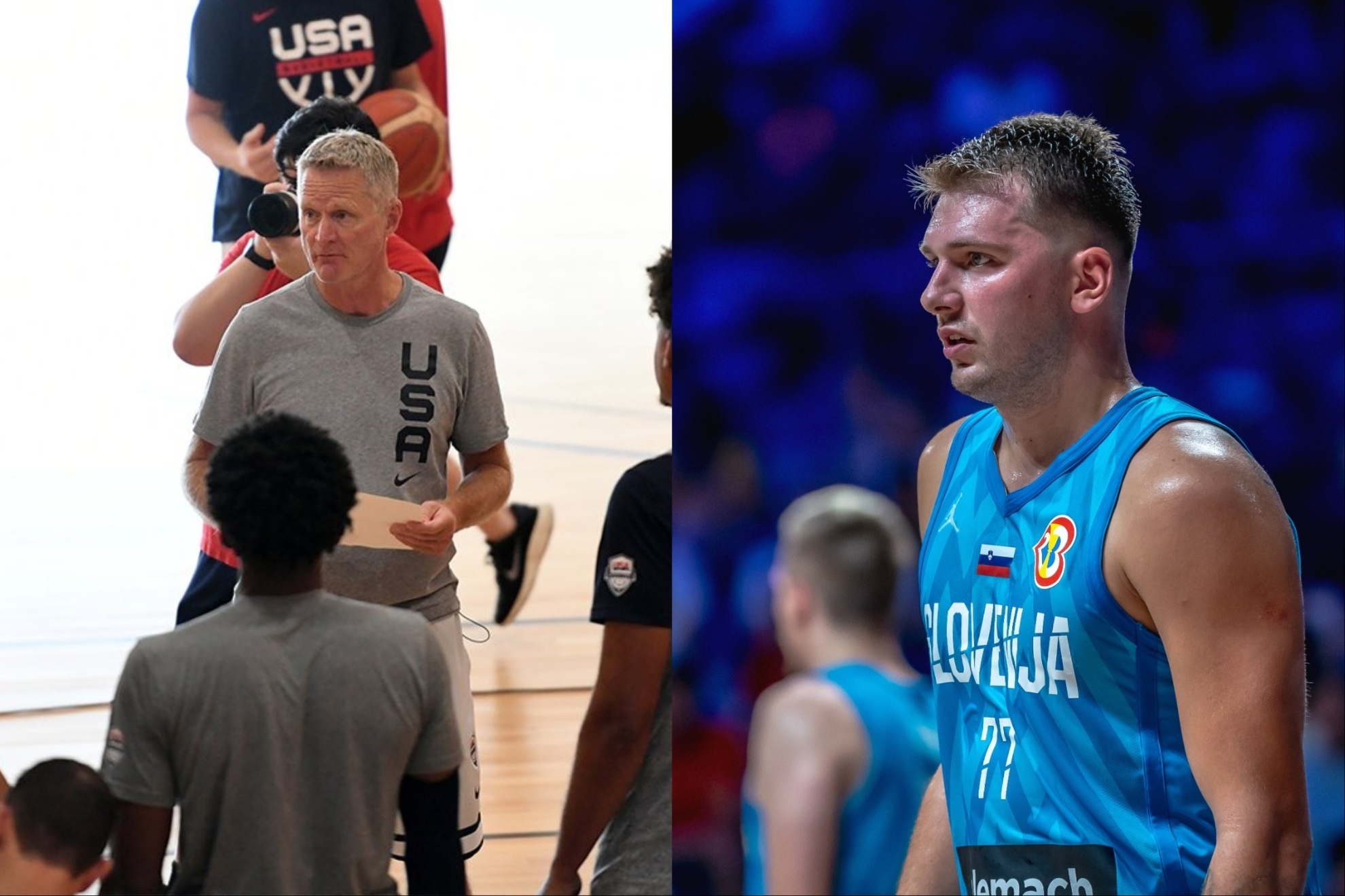 Mashup image of Coach Steve Kerr and Luka Doncic