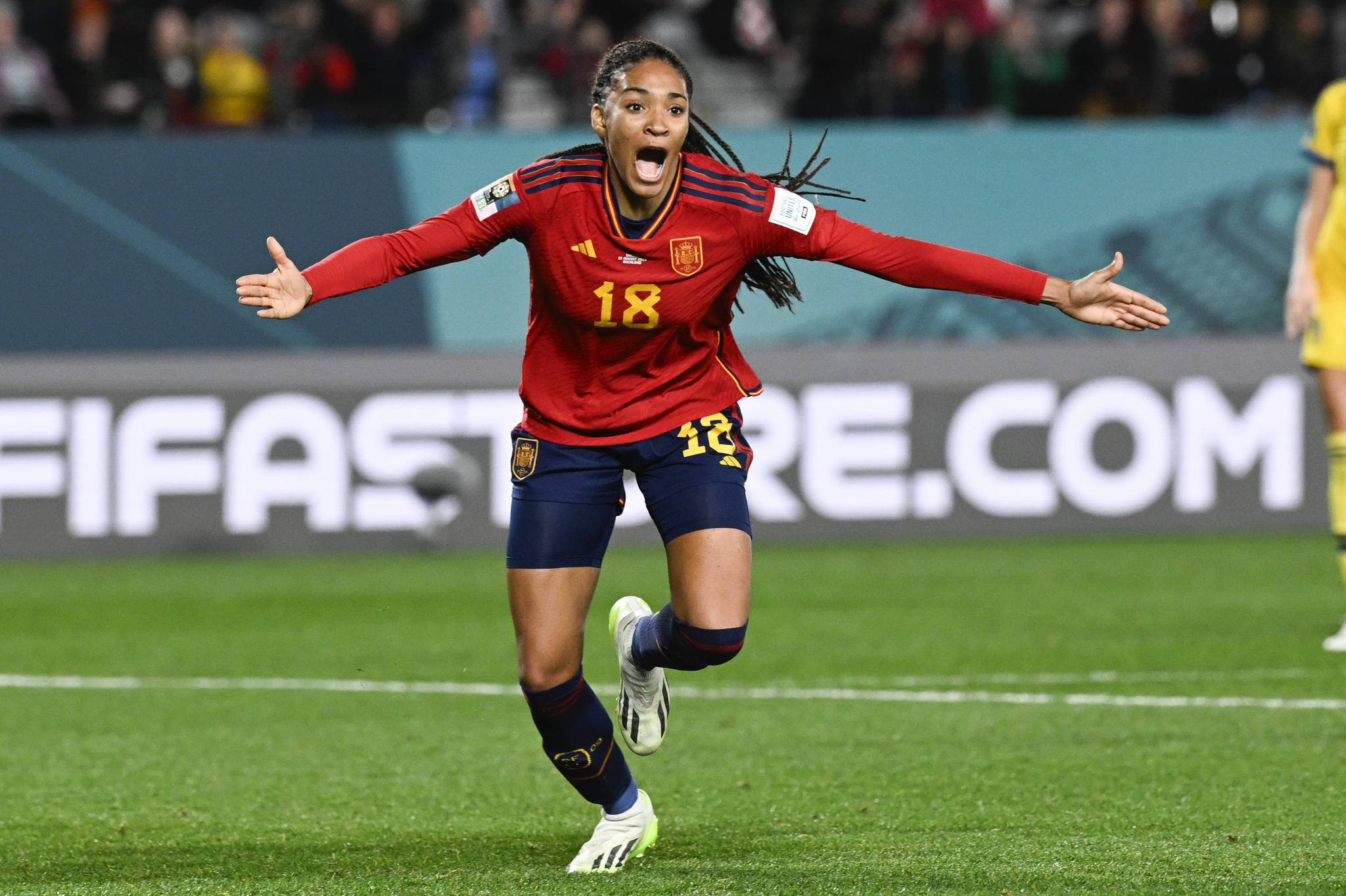Spain's Salma Paralluelo celebrates after scoring her team's first goal during their Women's World Cup semi-final win over Sweden.