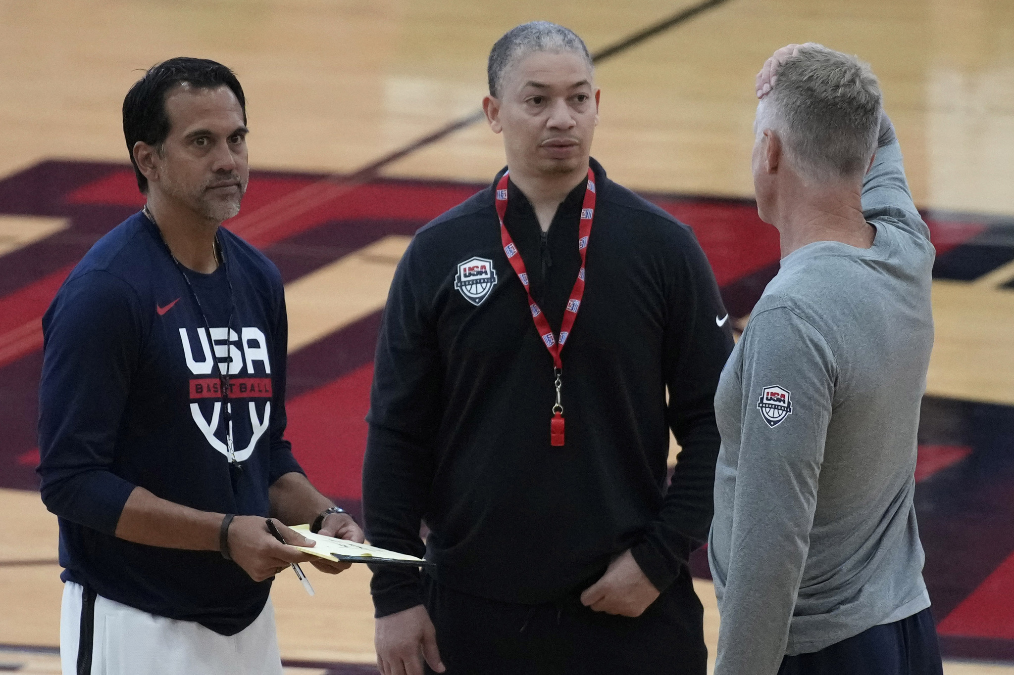 From left, coaches Erik Spoelstra of the Miami Heat, Tyronn Lue of the Los Angeles Clippers and Steve Kerr of the Golden State Warriors