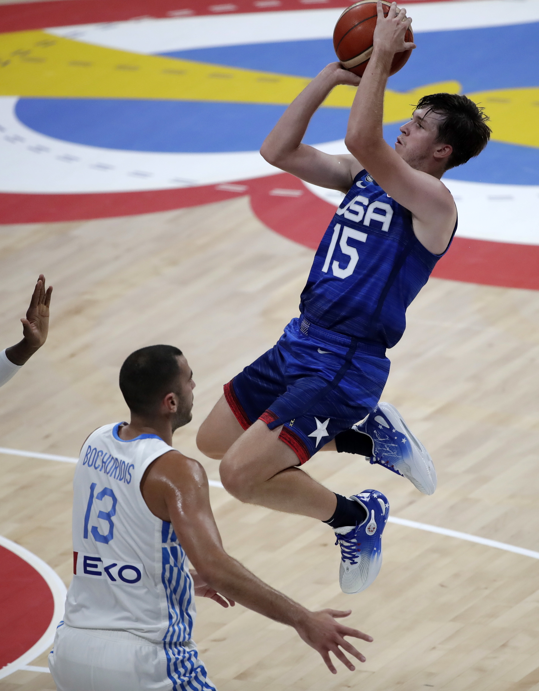 Austin Reaves (R) of USA in action during the FIBA Basketball World Cup 2023