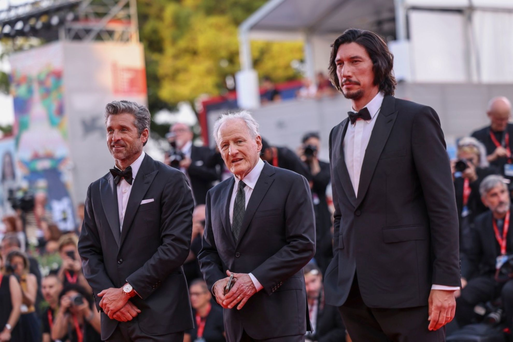 Patrick Dempsey, from left, director Michael Mann and Adam Driver pose for photographers upon arrival for the premiere of the film Ferrari during the 80th edition of the Venice Film Festival in Venice, Italy, on Thursday, Aug. 31, 2023.