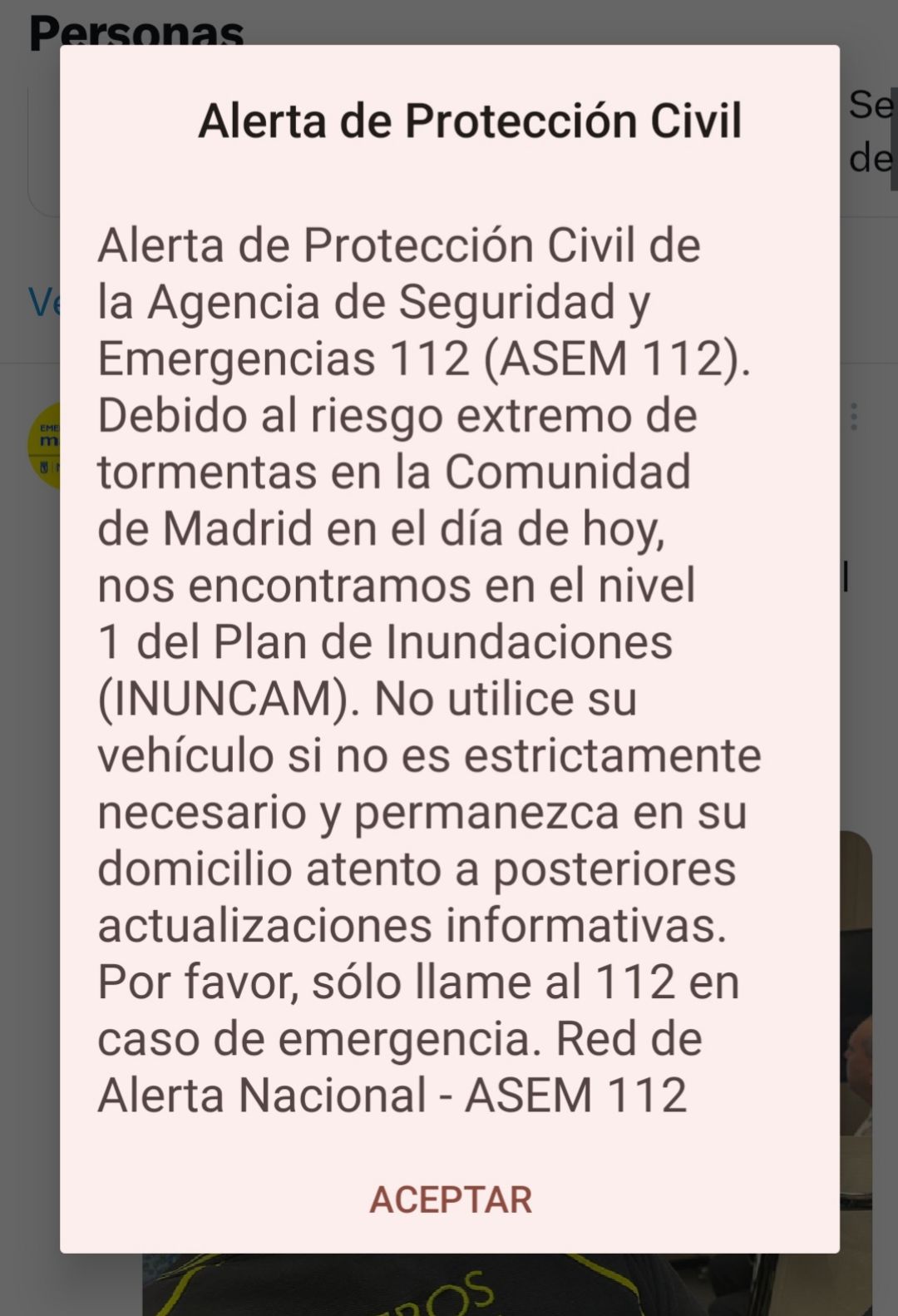 El mensaje de Protección Civil que ha llegado a los móviles de los madrileños.