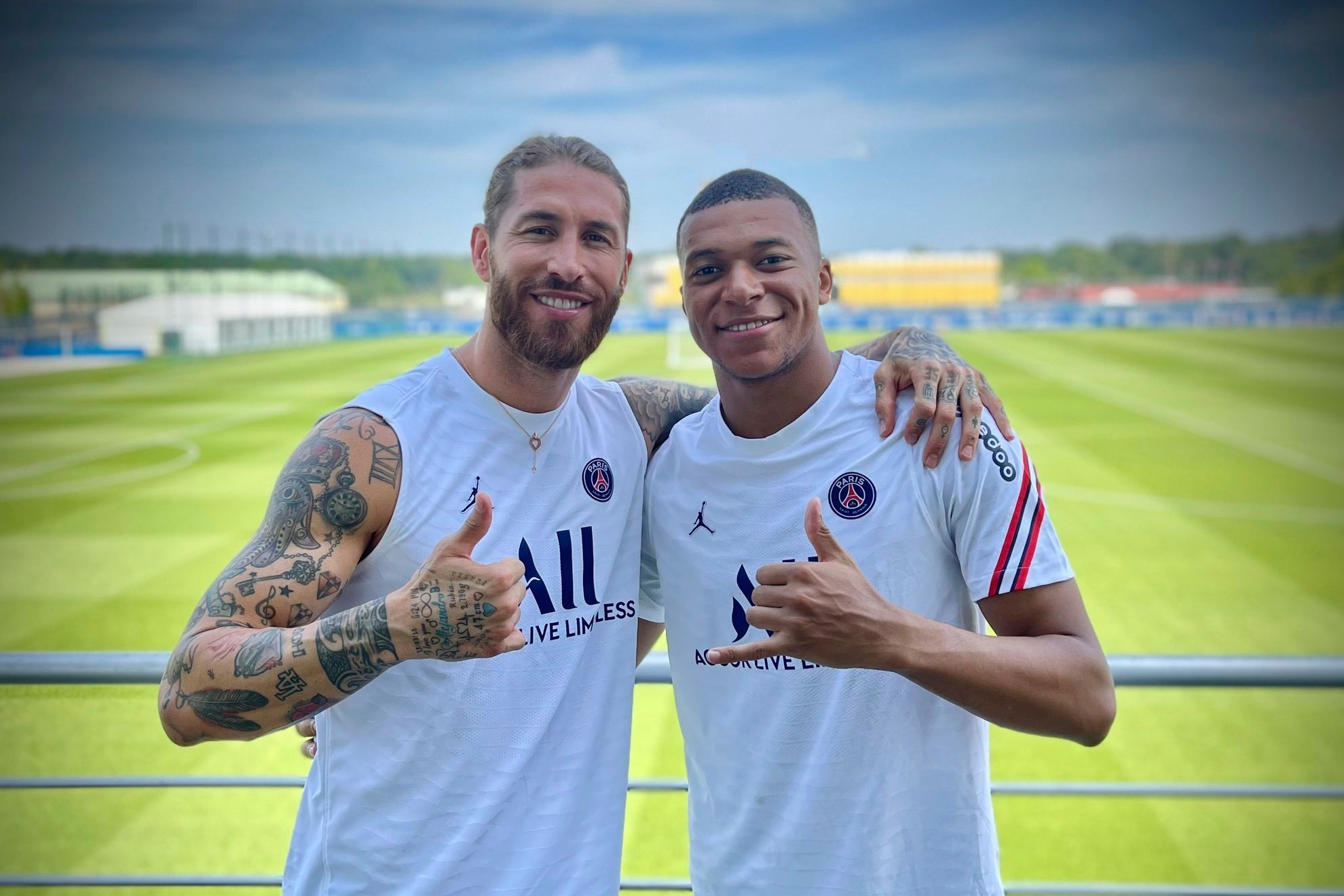 Sergio Ramos and Kylian Mbappe during their time together at PSG