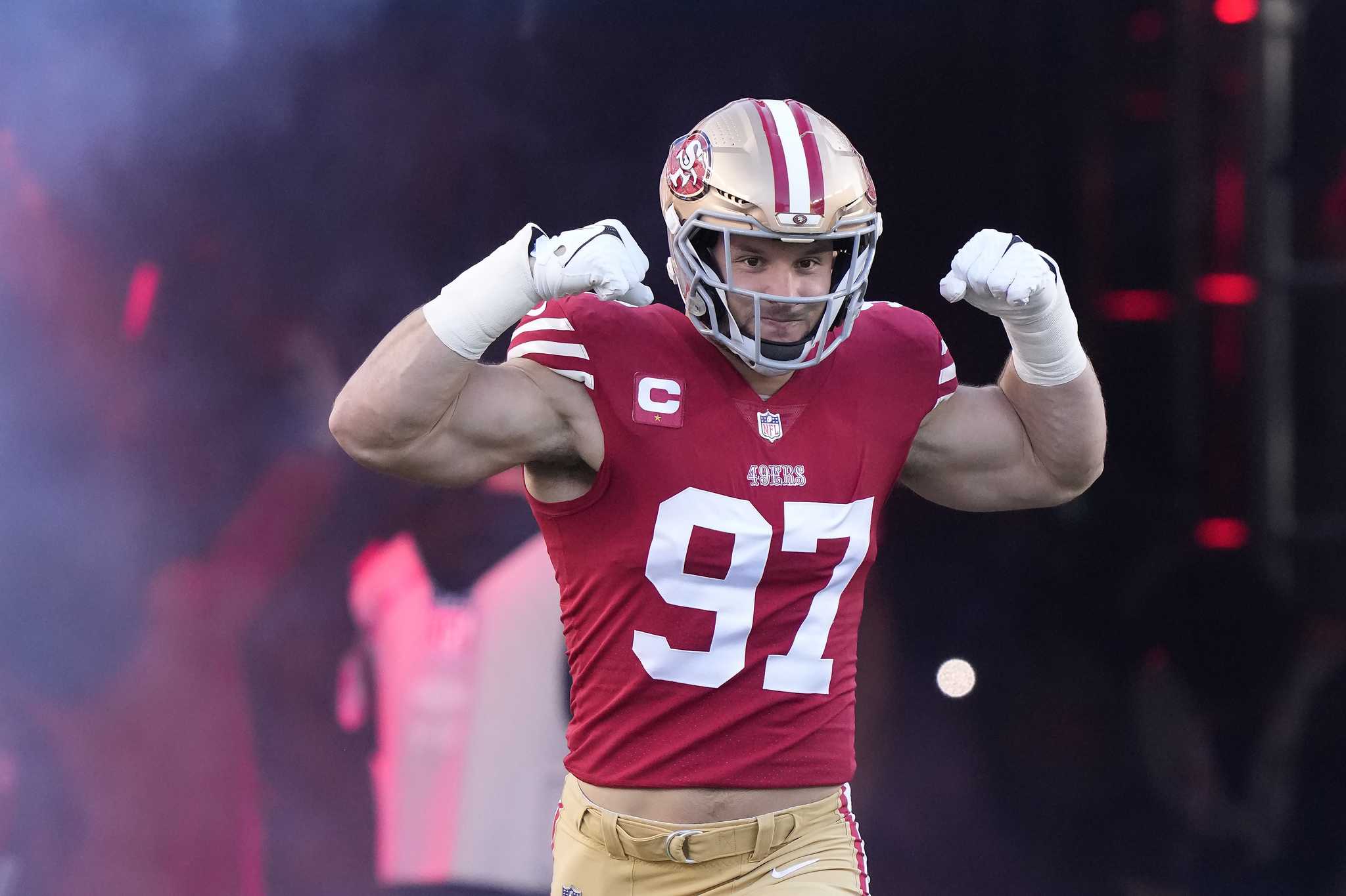 San Francisco 49ers defensive end Nick Bosa is introduced before an NFL game