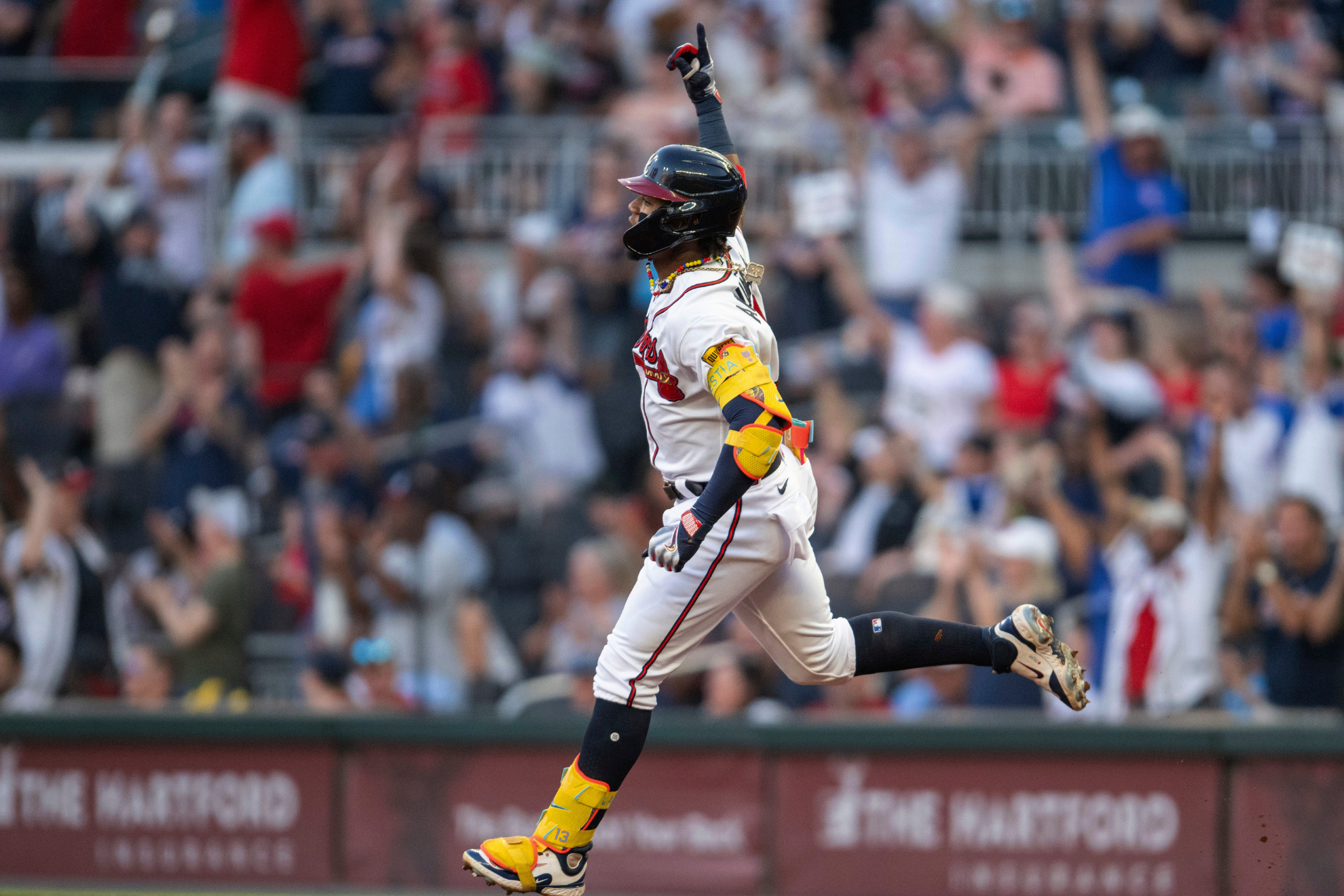 Ronald Acuna Jr. celebrates hitting a home run vs. the Cardinals.