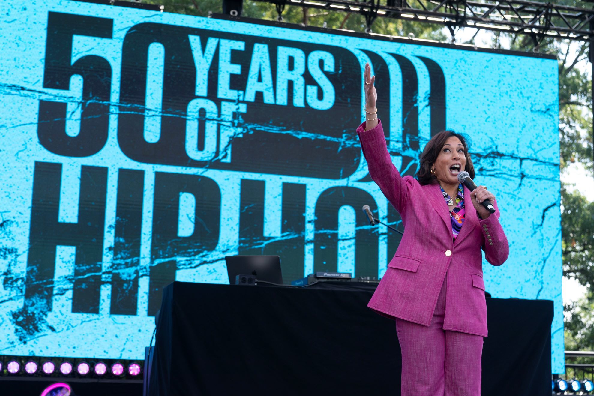 Kamala Harris dances at party to celebrate hip-hop's 50th anniversary and is compared to a grandmother