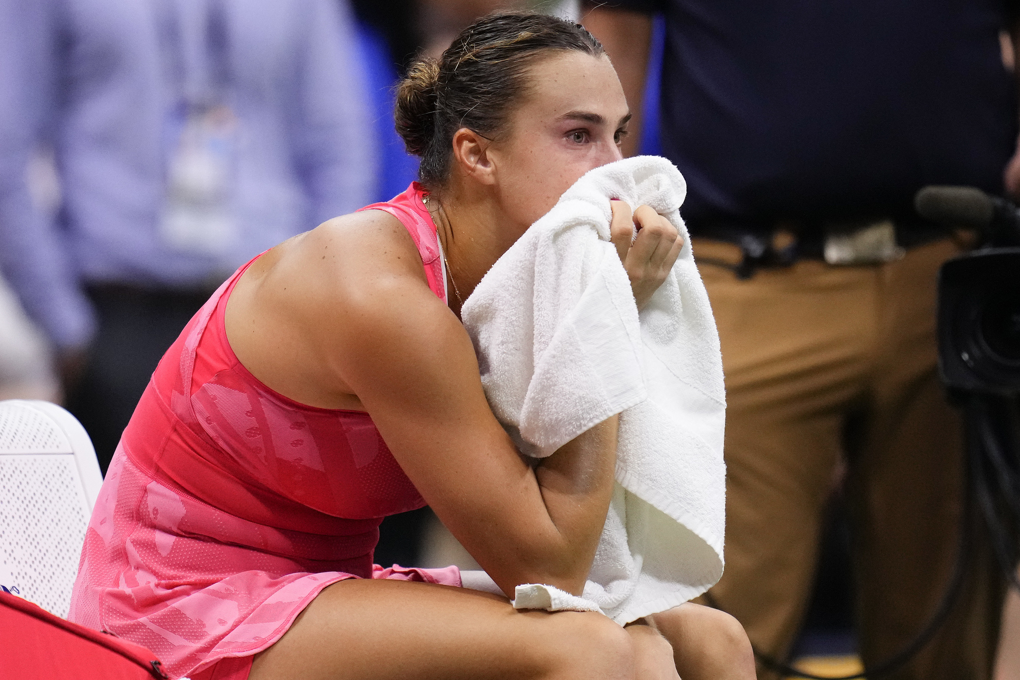 Aryna lt;HIT gt;Sabalenka lt;/HIT gt;, of Belarus, reacts after losing to Coco Gauff, of the United States, in the womens singles final of the U.S. Open tennis championships, Saturday, Sept. 9, 2023, in New York. (AP Photo/Manu Fernandez)