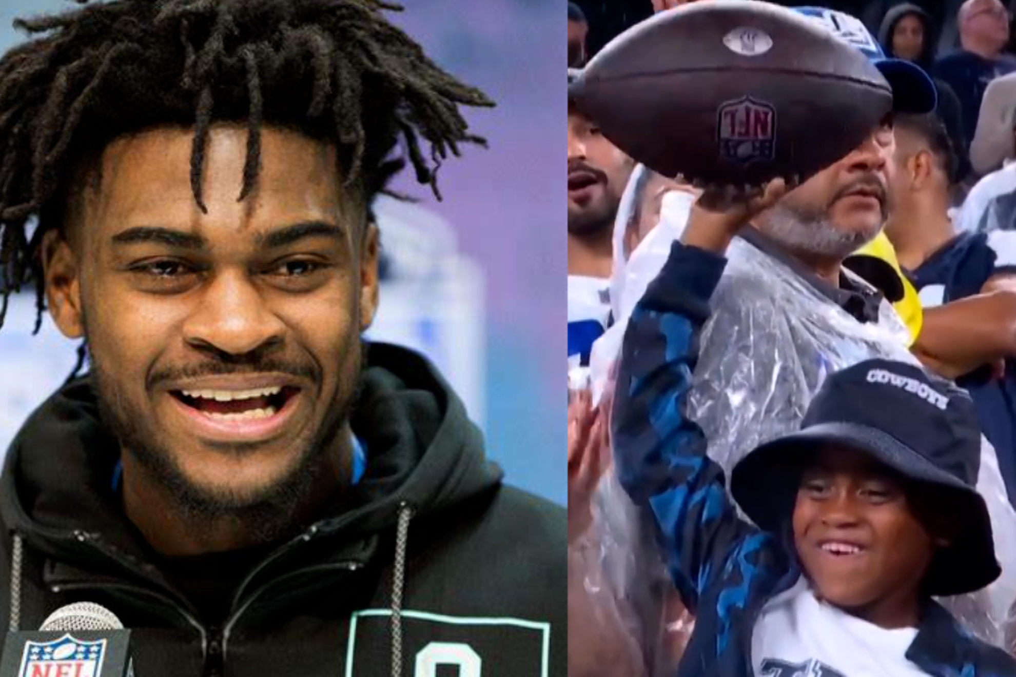 Aaiden Diggs adorable viral reaction as dad Trevon gifts him a football during game