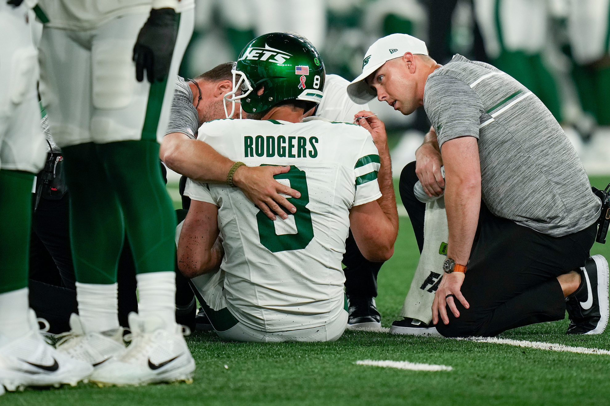 Rodgers was carted off in the first quarter of the Bills-Jets game.