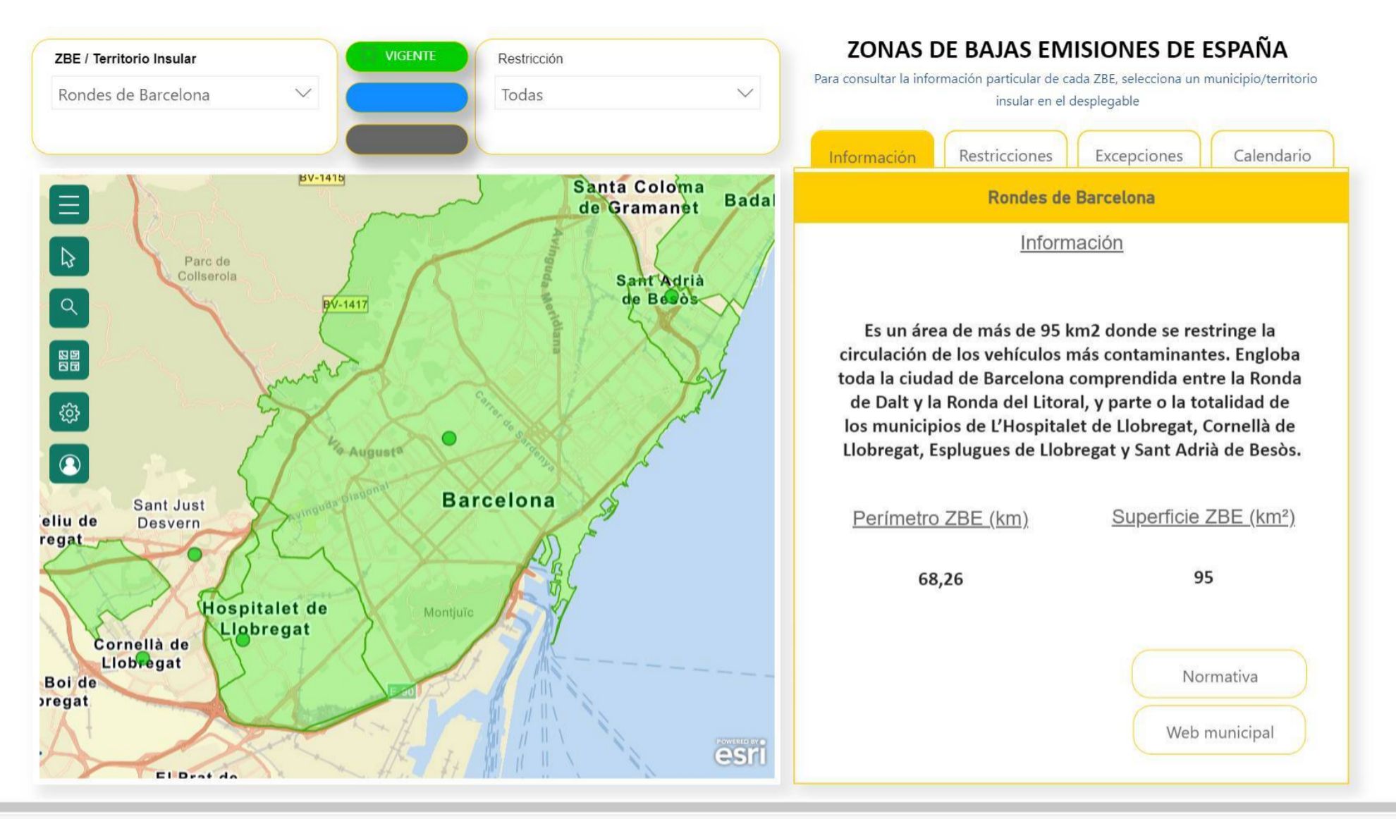Ejemplo de la información ofrecida sobre la ZBE del área metropolitana de Barcelona.