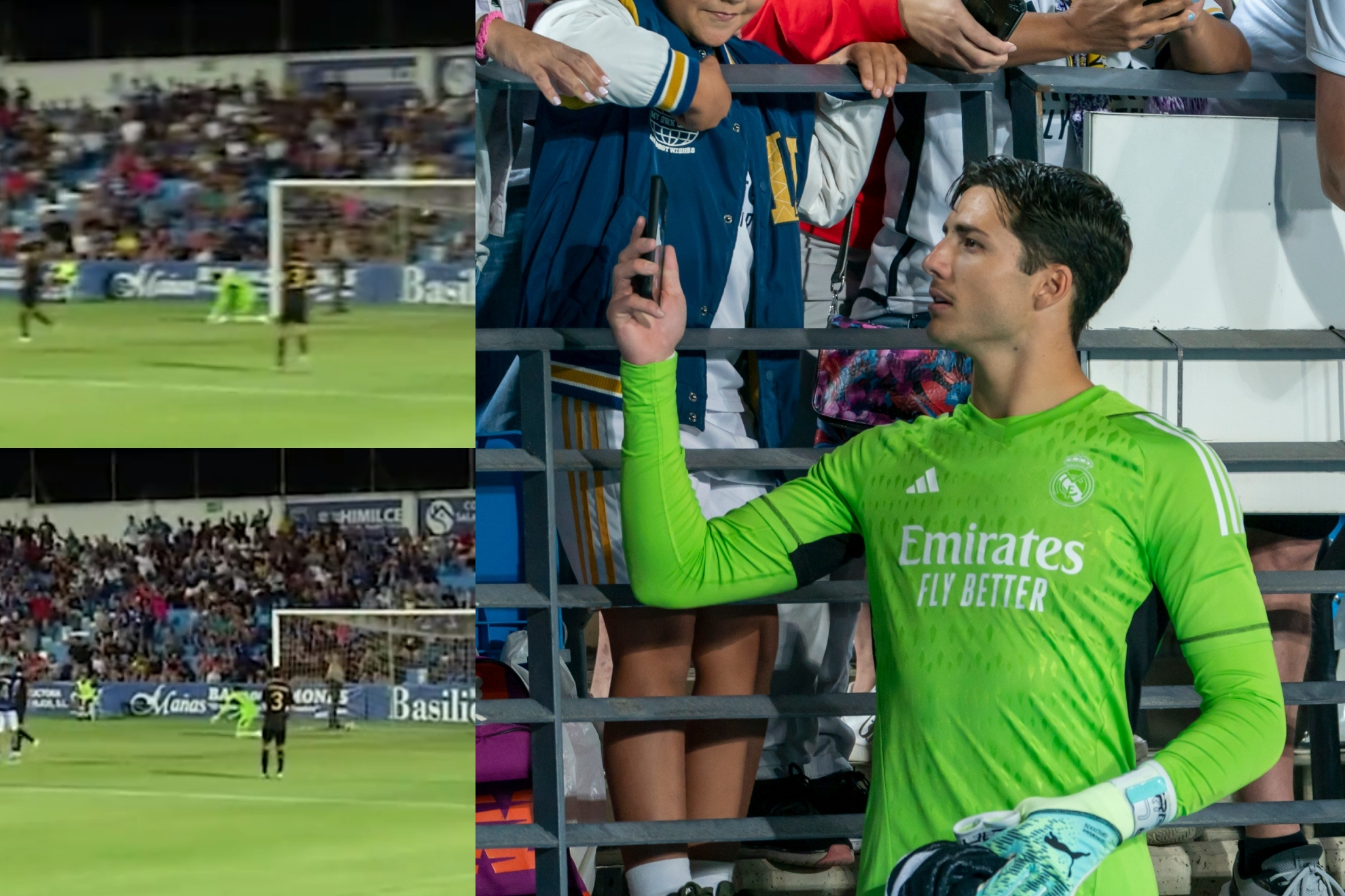 Lucas Cañizares y  dos imágenes del error ante el Linares que supuso el 1-0.