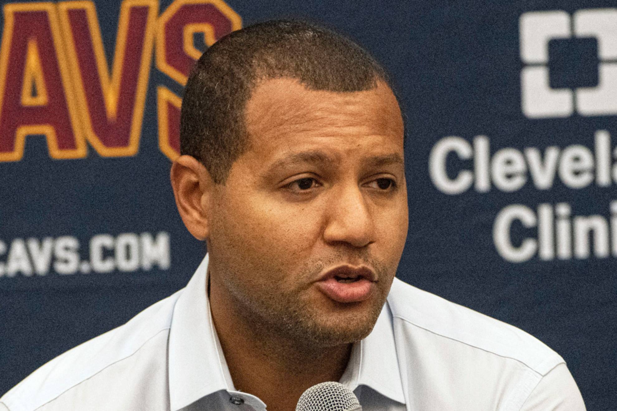 Koby Altman speaks with reporters during an NBA basketball news conference