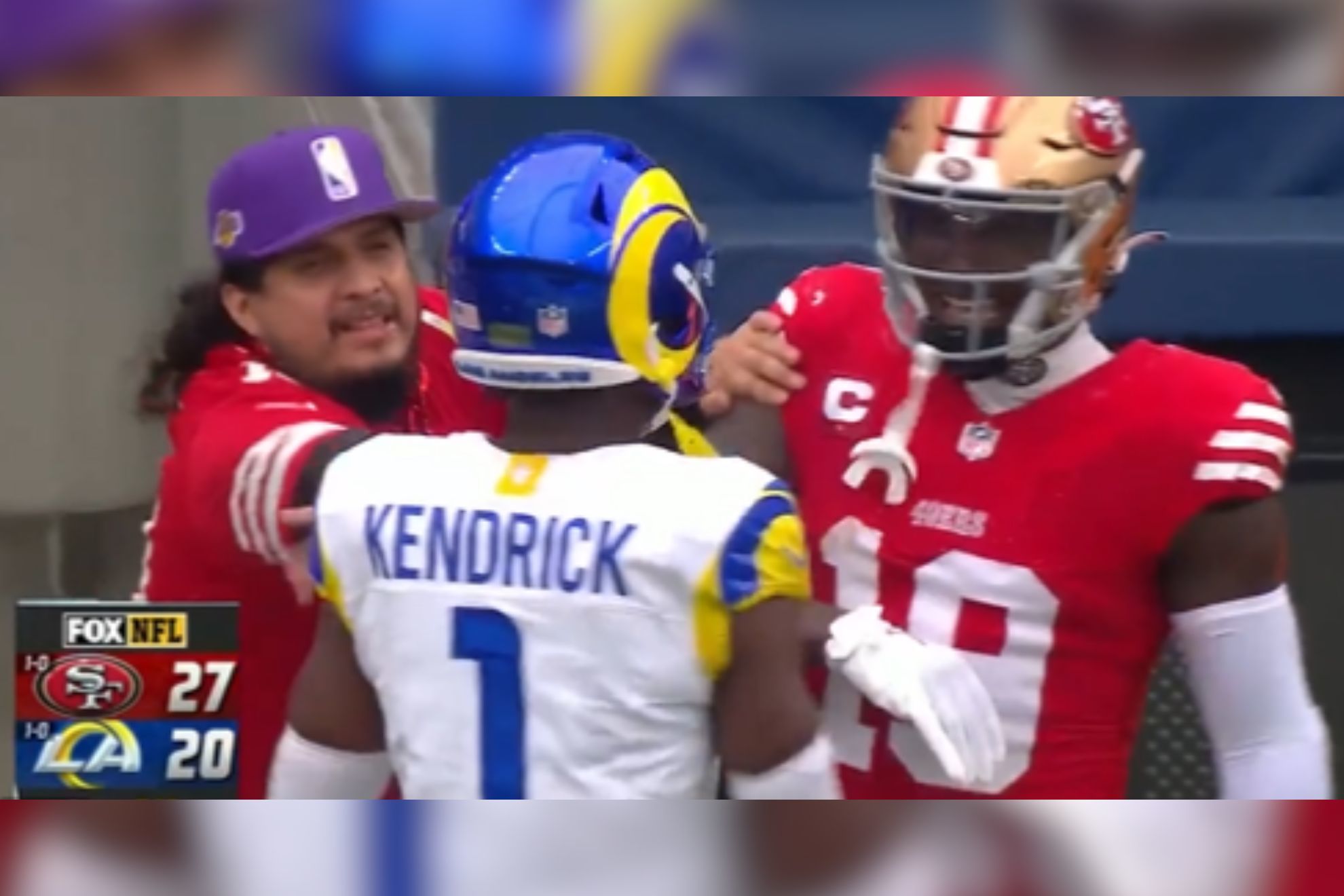 49ers fan shoves Rams' Derion Kendrick to protect Deebo Samuel