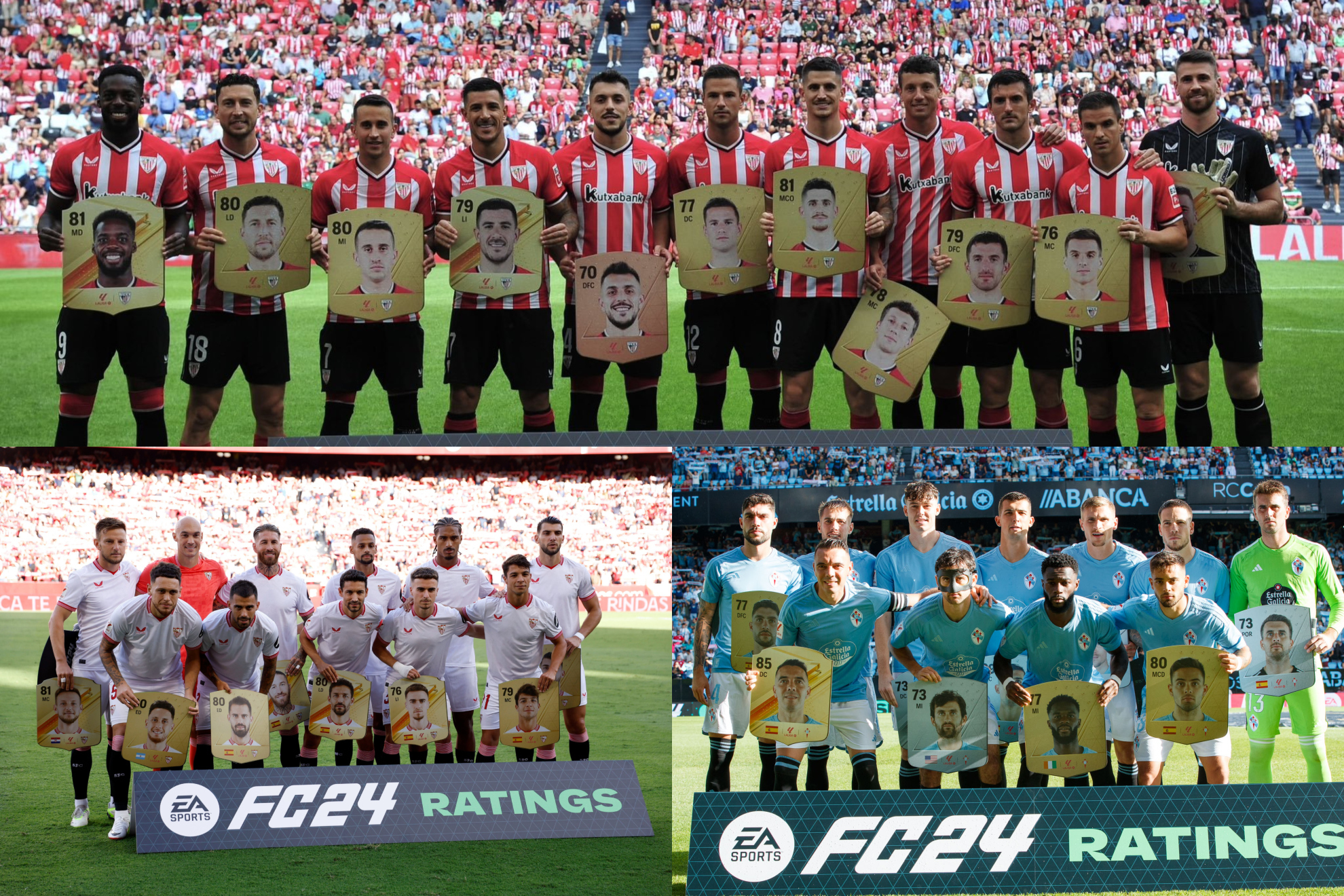 Los jugadores de Athletic, Sevilla y Celta, con sus cartas de EA Sports FC, los rojiblancos sin banderas.