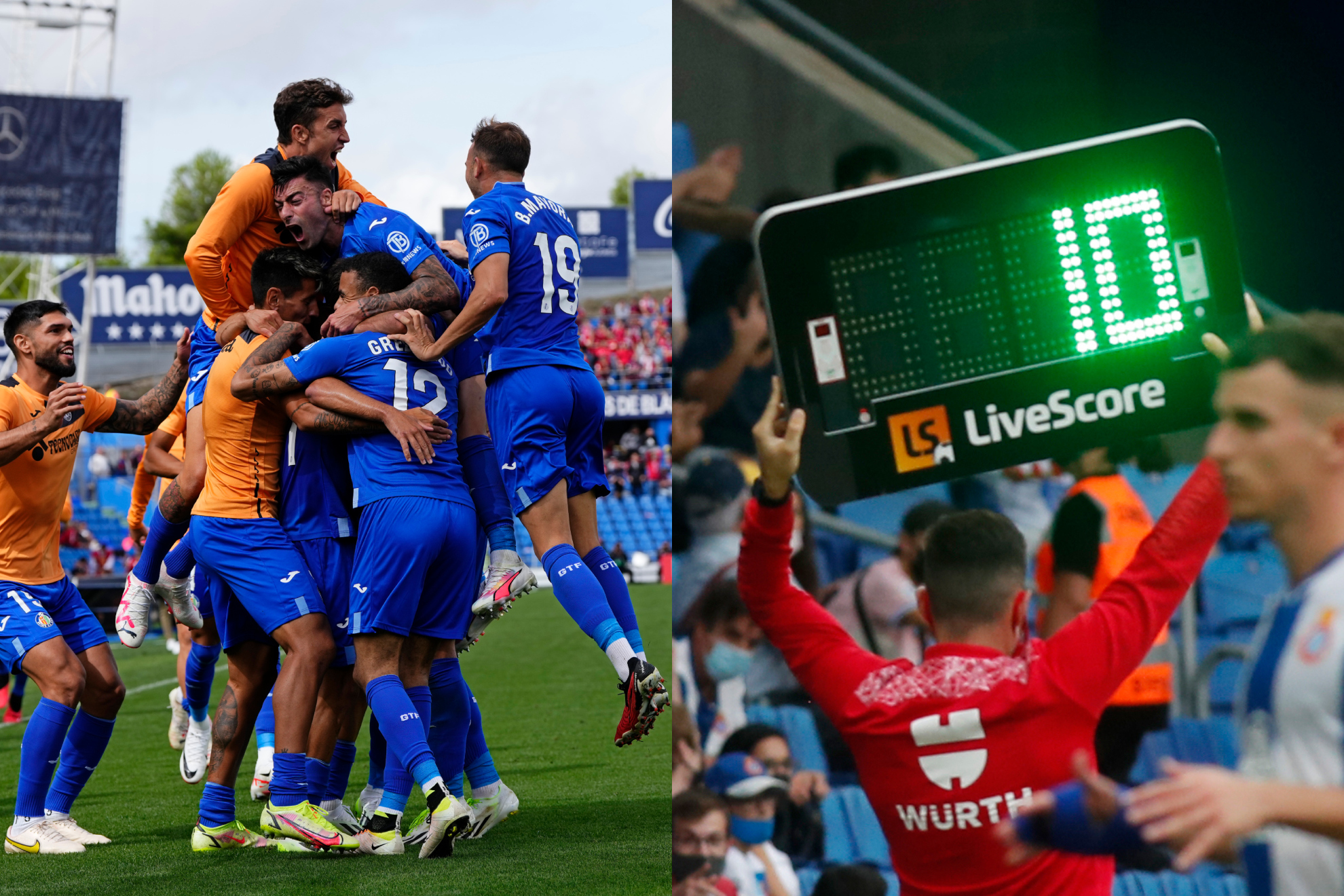 Los jugadores del Getafe celebran el gol de la victoria ante Osasuna; un cuarto árbitro saca el cartelón.