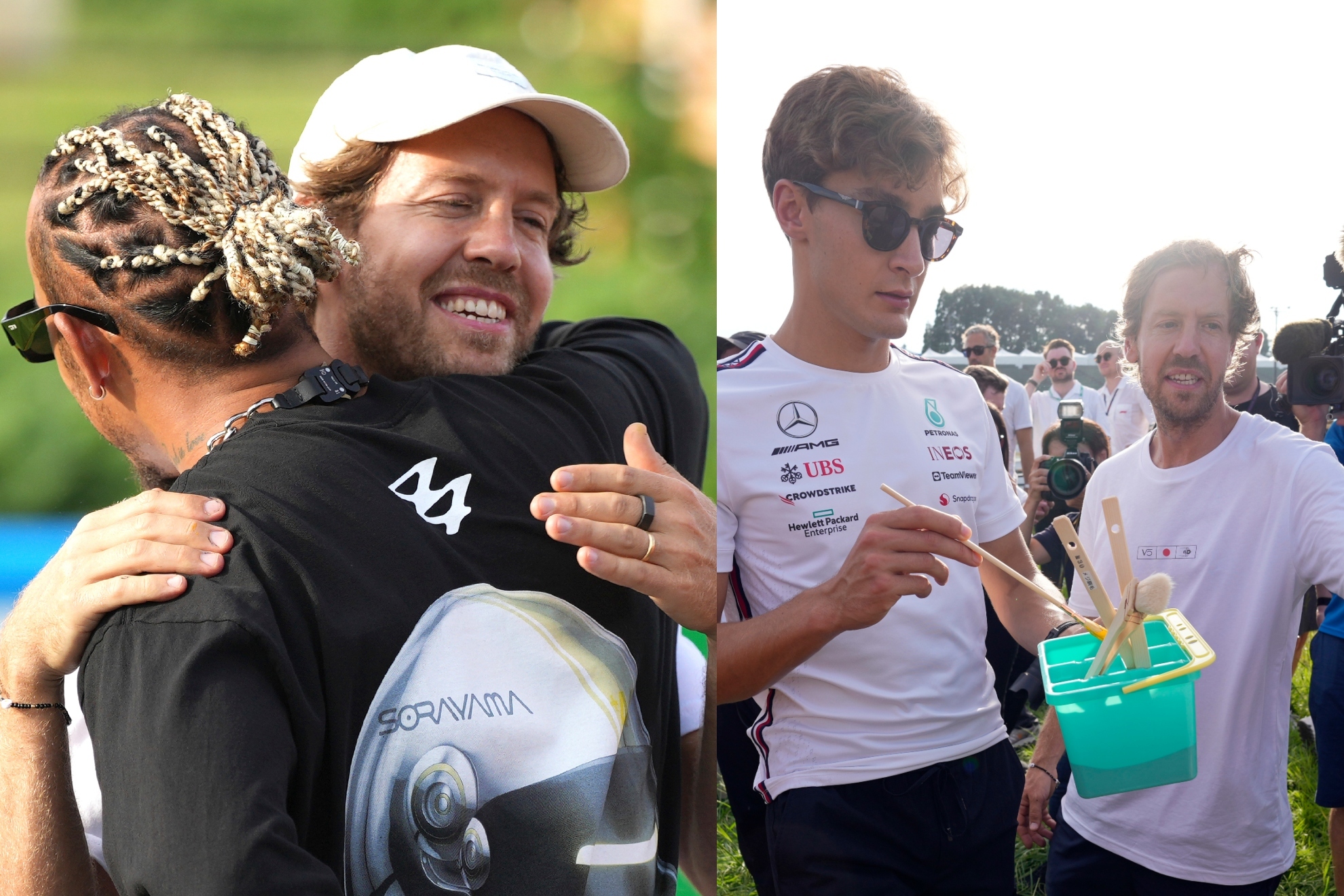 Vettel con Hamilton y Russell en la presentación de su nuevo proyecto