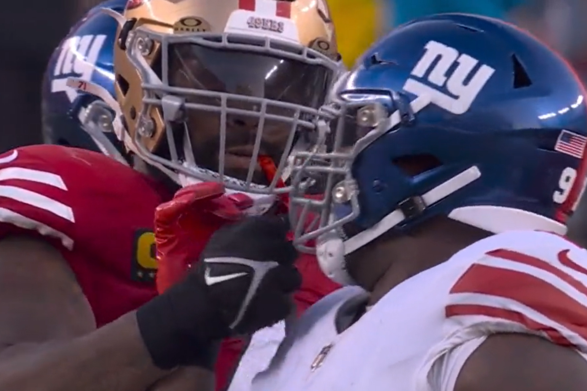 Trent Williams punches A'Shawn Robinson directly in the facemask.
