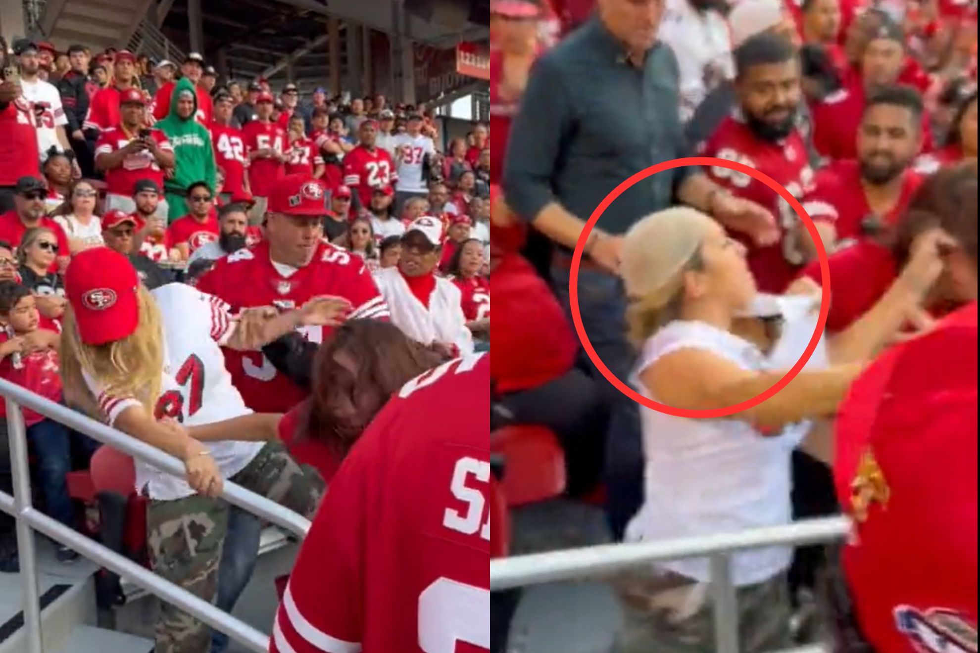 A female fan's wig flies off during the latest NFL brawl at Levi's Stadium during Thursday Night Football.