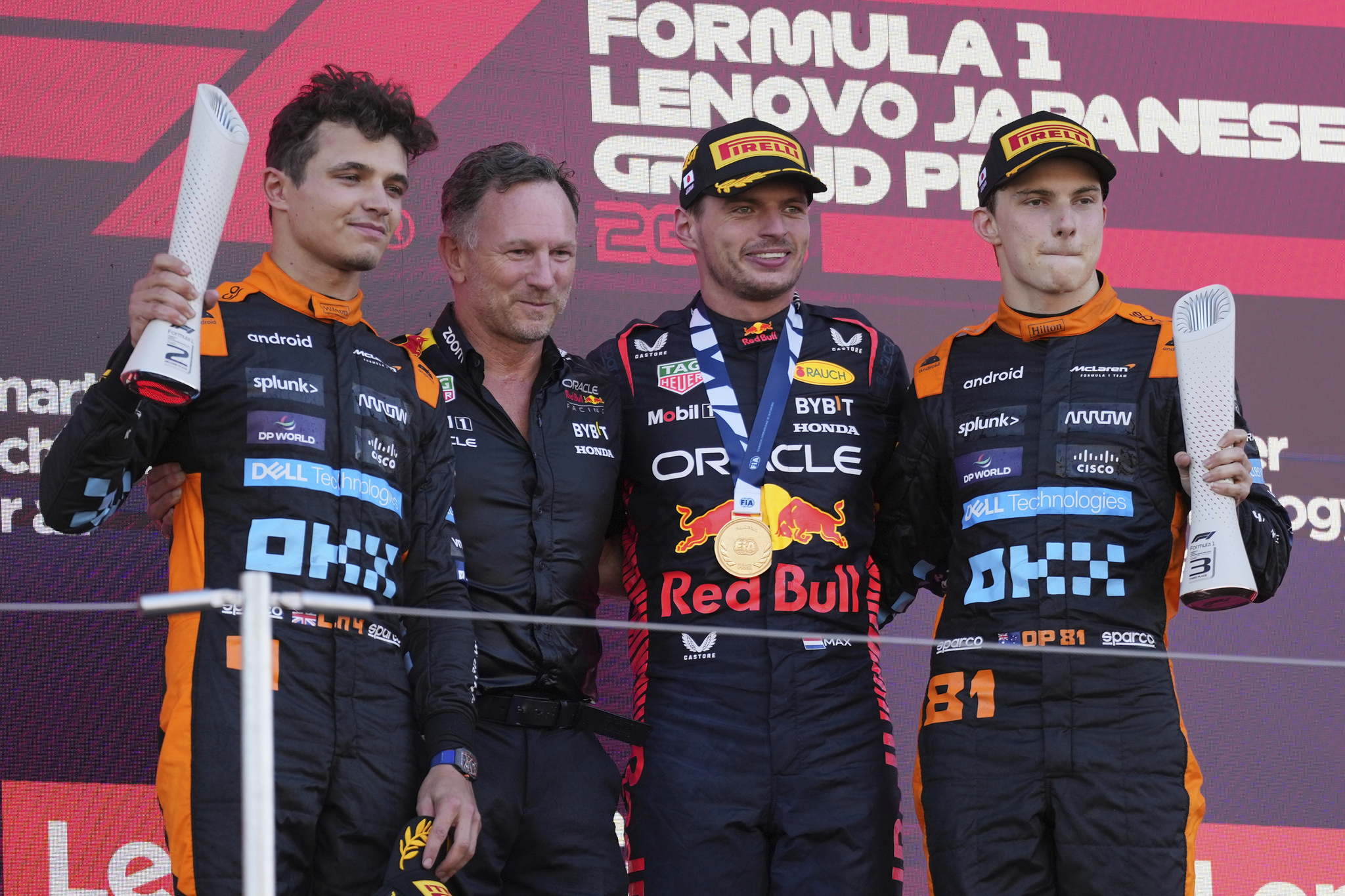 Norris, Horner, Verstappen and Piastri