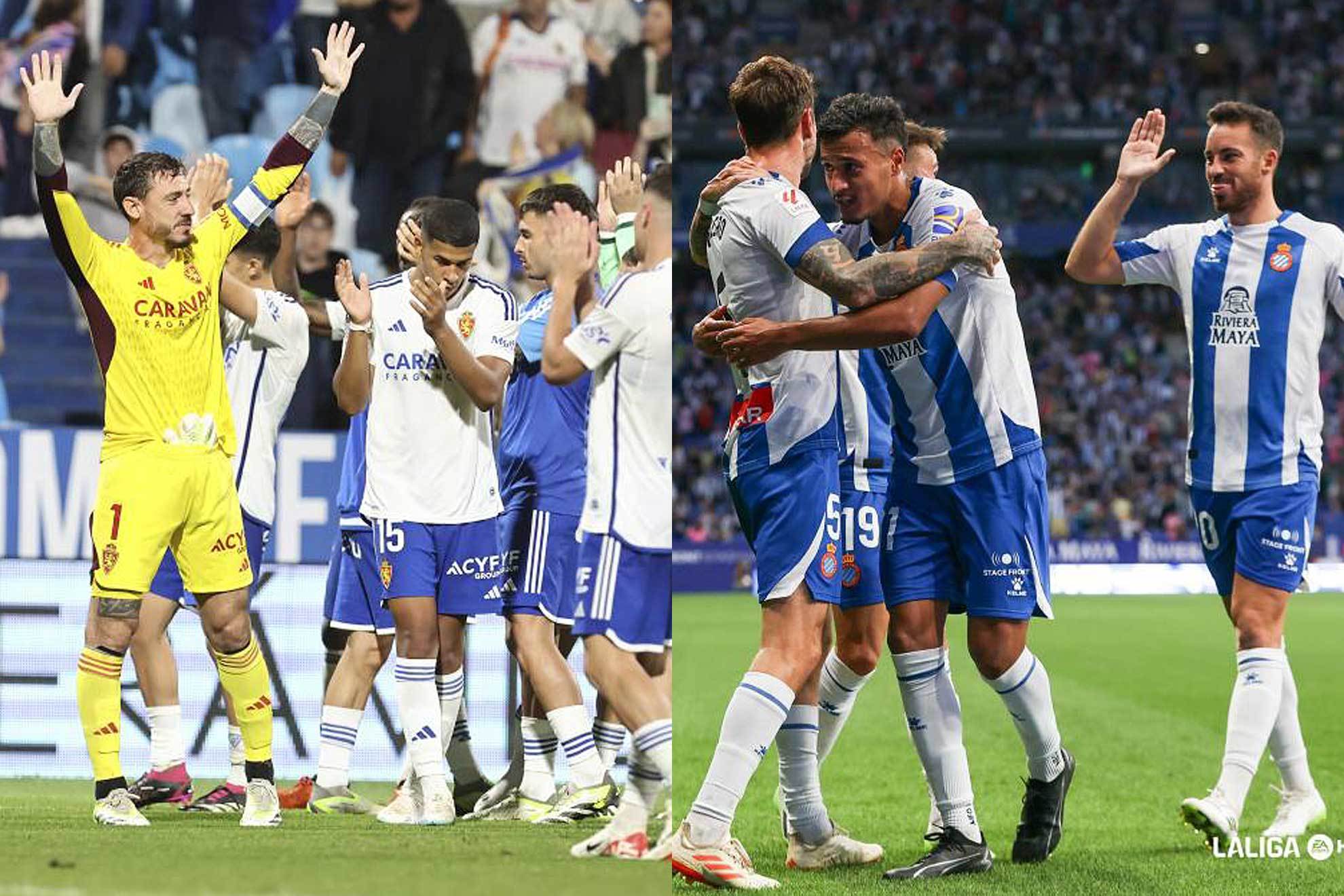 Los jugadores del Zaragoza saludan a su afición y los del Espanyol celebran un gol