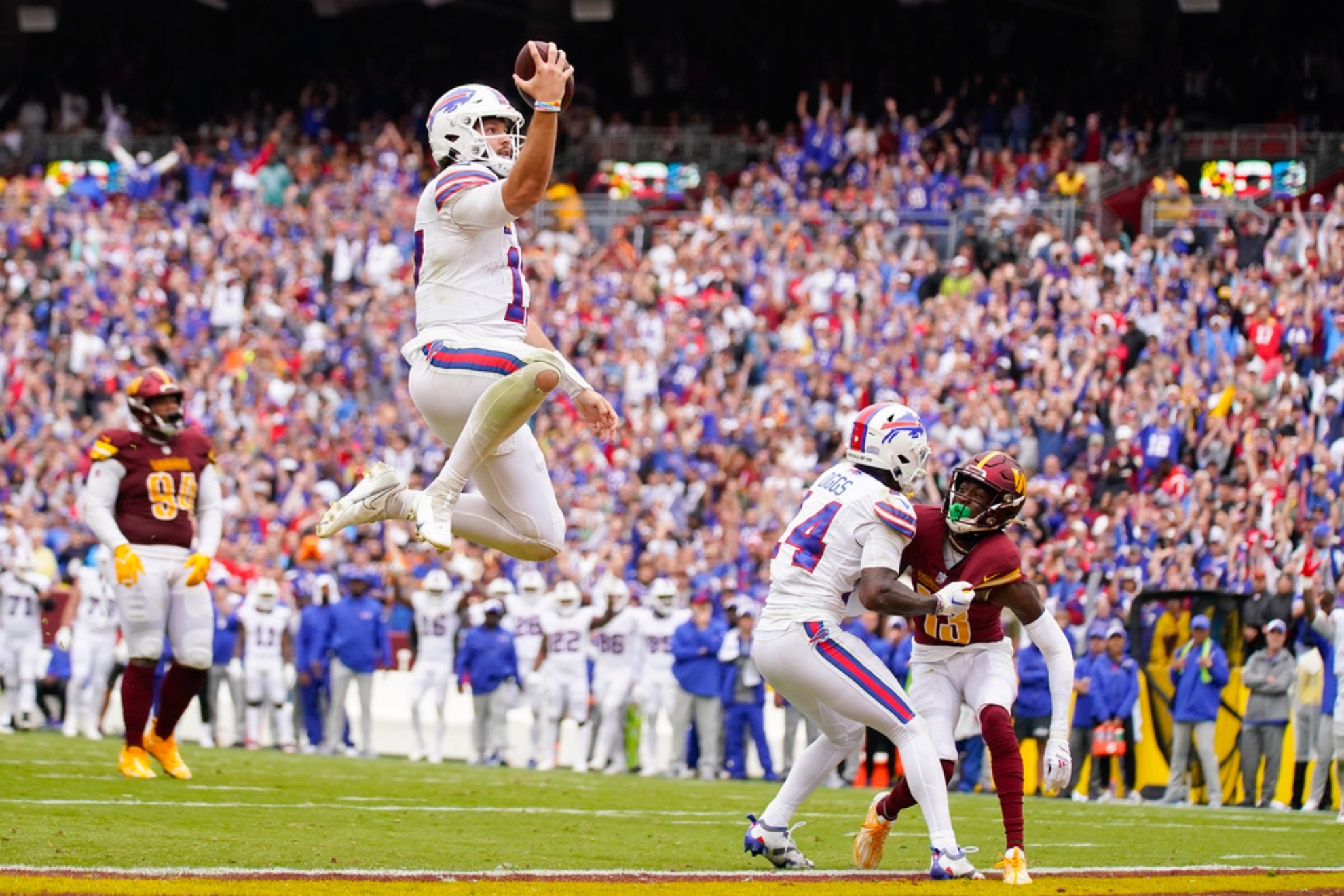 Bills' defense makes up for Josh Allen's interception with 5 turnovers provoking Commanders' first loss