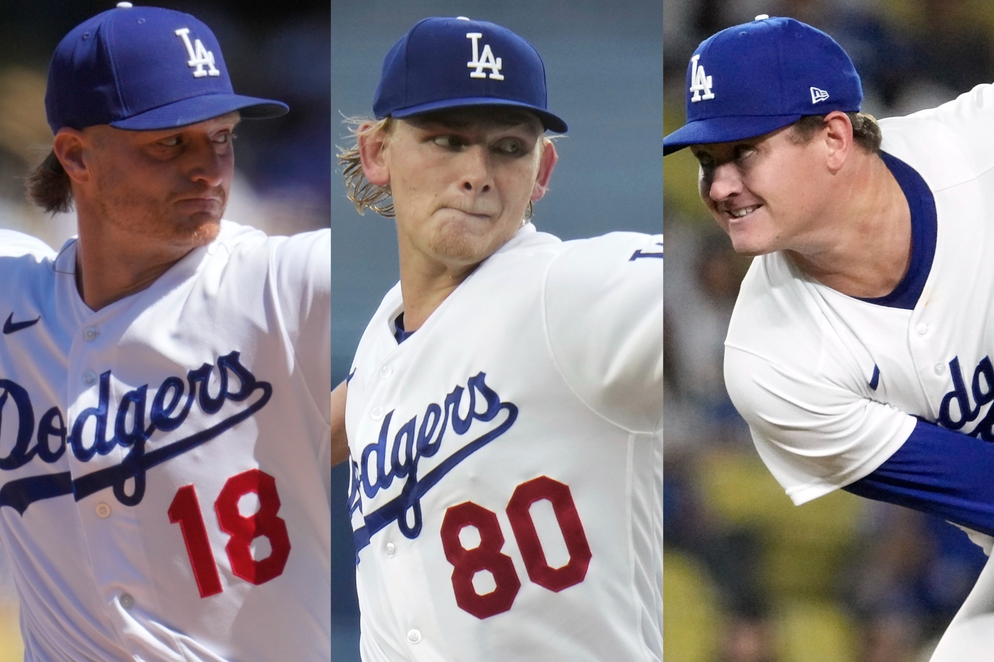 Los Angeles Dodgers pitchers, Shelby Miller (left), Emmet Sheehan (center) and Kyle Hurt (right).