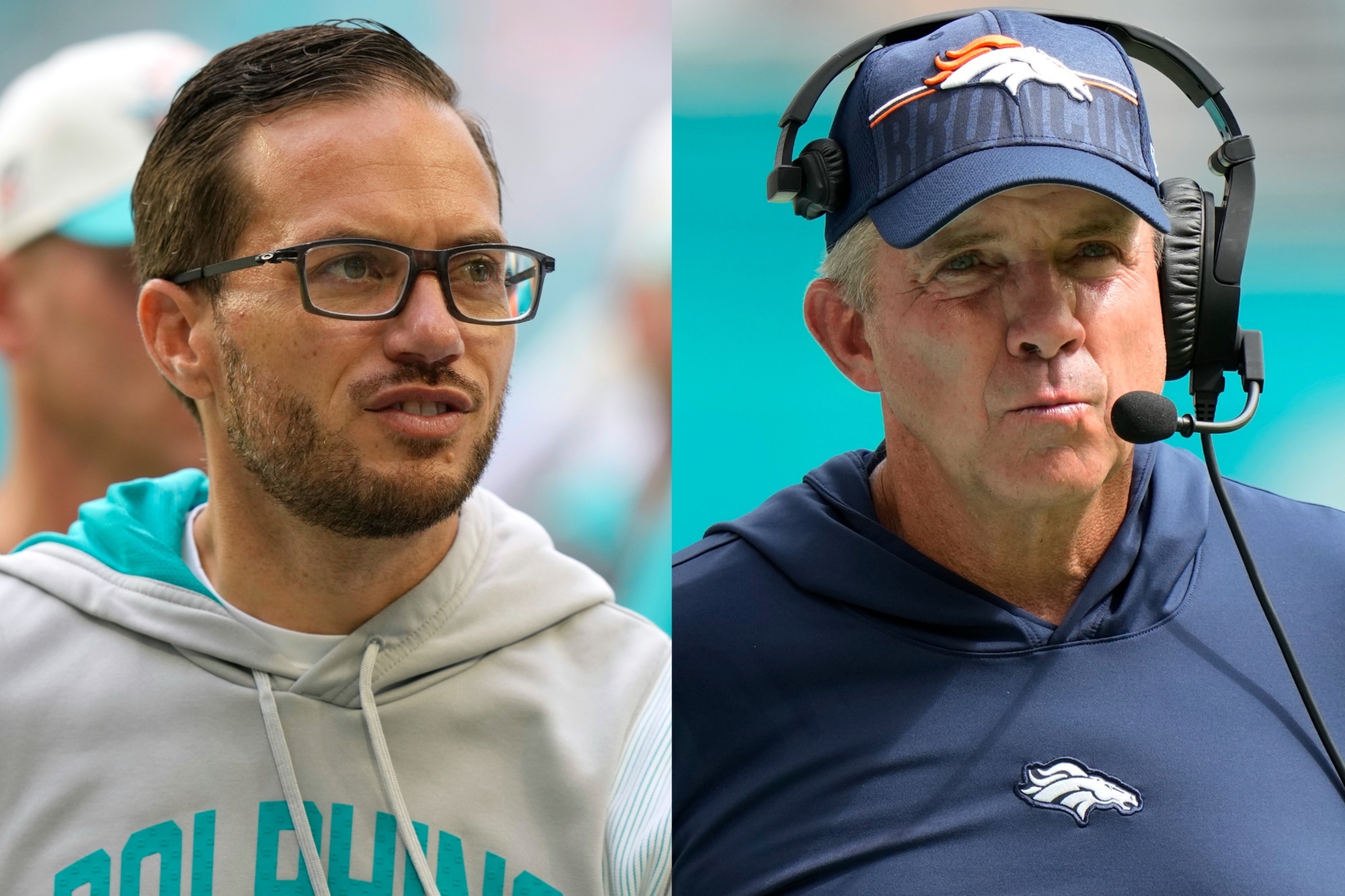 Miami Dolphins and Denver Broncos head coaches: Mike McDaniel (left) and Sean Payton (right).
