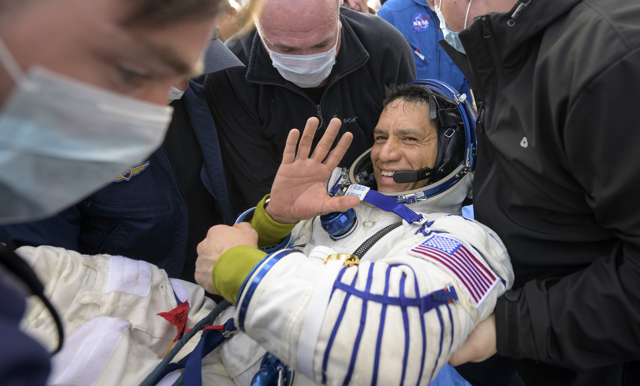 NASA astronaut Frank Rubio is helped out of the Soyuz MS-23 spacecraft just minutes after he landed near the town of Zhezkazgan, Kazakhstan