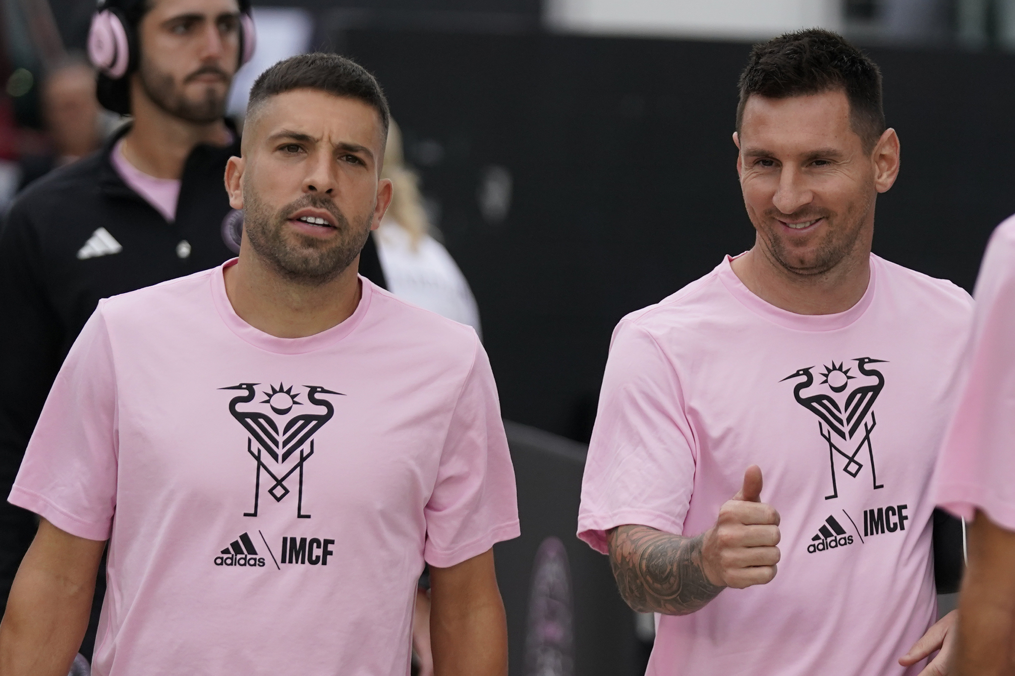 Jordi Alba and Leo Messi (right) suffered injuries in an MLS game last week. Tonight, Messi will watch the US Open Cup Final as a spectator.